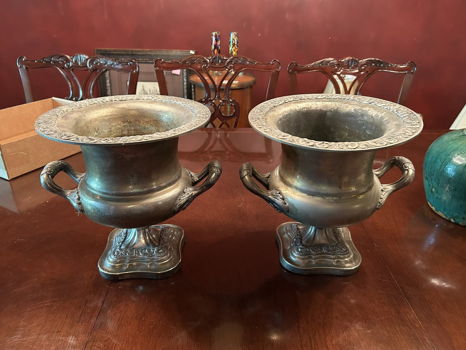 Vintage Silver Plate Trophy Form Urn Vase Centerpiece Pair With Handles: We offer affordable in-house shipping on all items. Vintage Silver Plate Trophy Form Urn Vase Centerpiece Pair With Handles Excellent condition. Age related wear. Urns are 11" tall and 10 3/4" wide. <