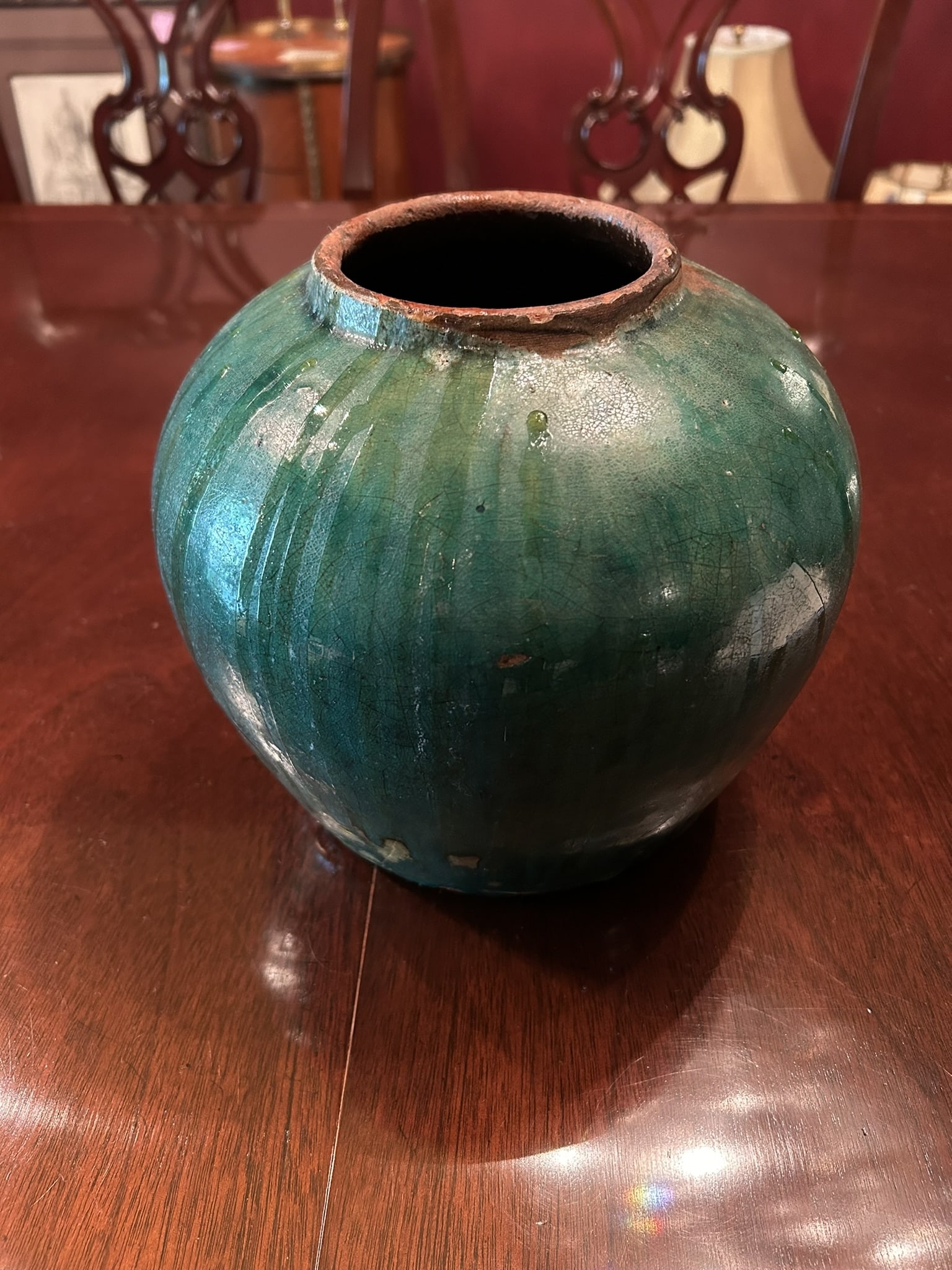 Vintage Green Glazed Ribbed Earthenware Storage Jar Pottery Vessel Vase (1 of 4)