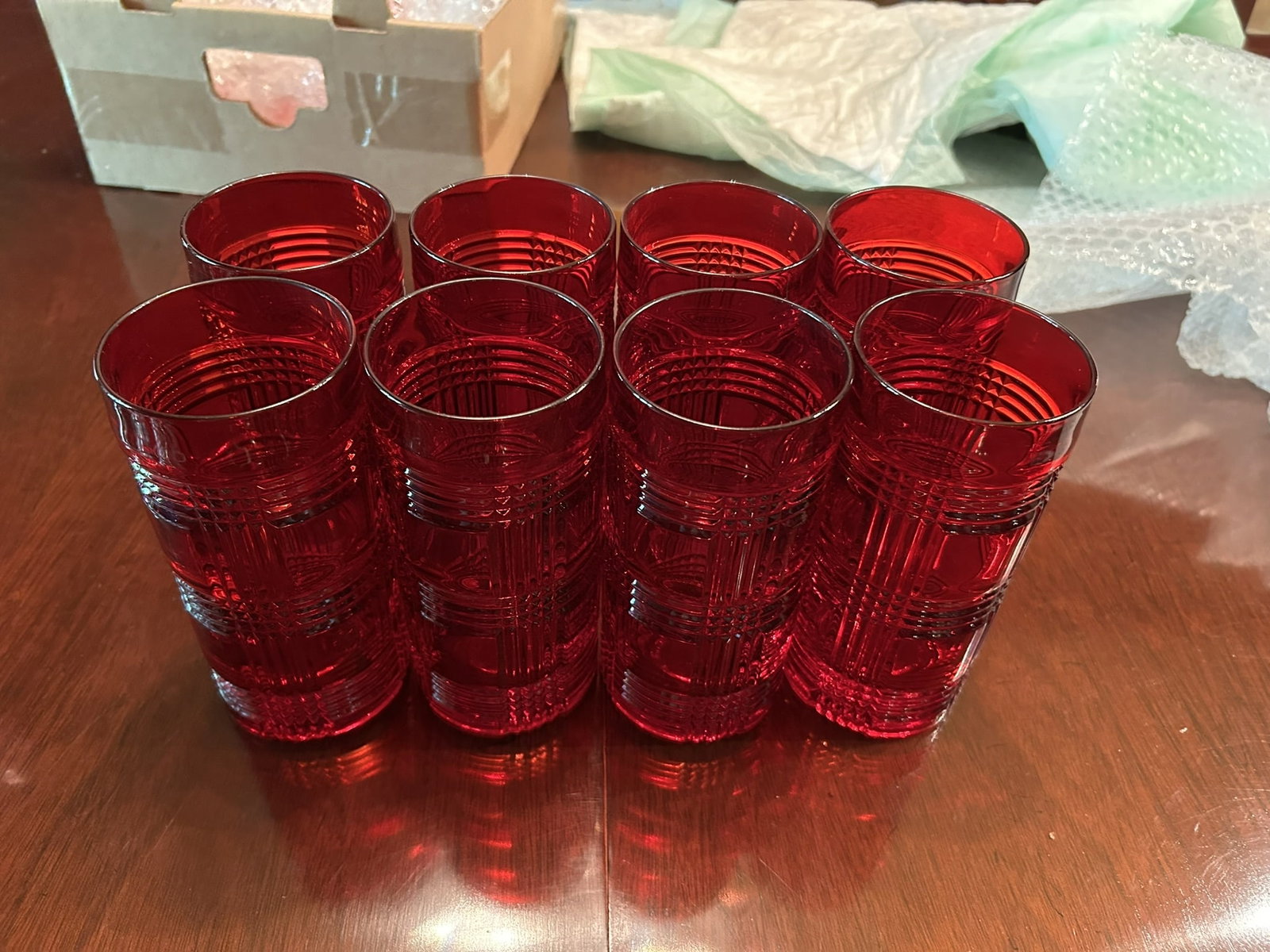 Vintage Ruby Red Pressed Glass Tumblers Drinking Glasses Barware Set Of Eight (1 of 3)