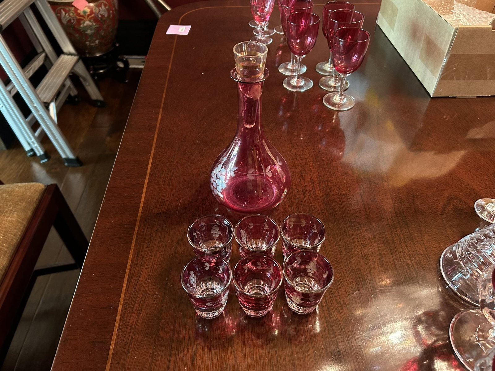 Vintage Ruby Red Glass Decanter And 6 Cordial Shot Glass Barware Set Group (1 of 3)