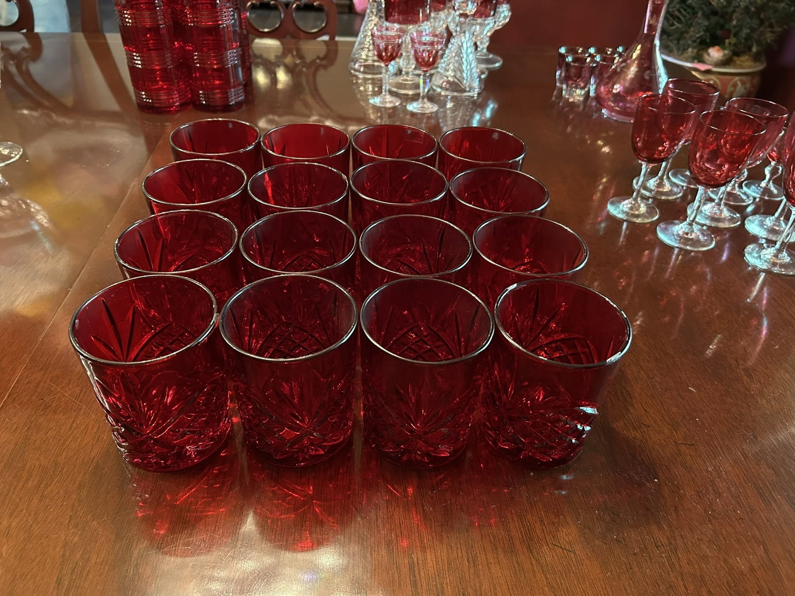 Vintage Ruby Red Cut Glass Tumblers Drinking Glasses Barware Set Of 16 (1 of 5)