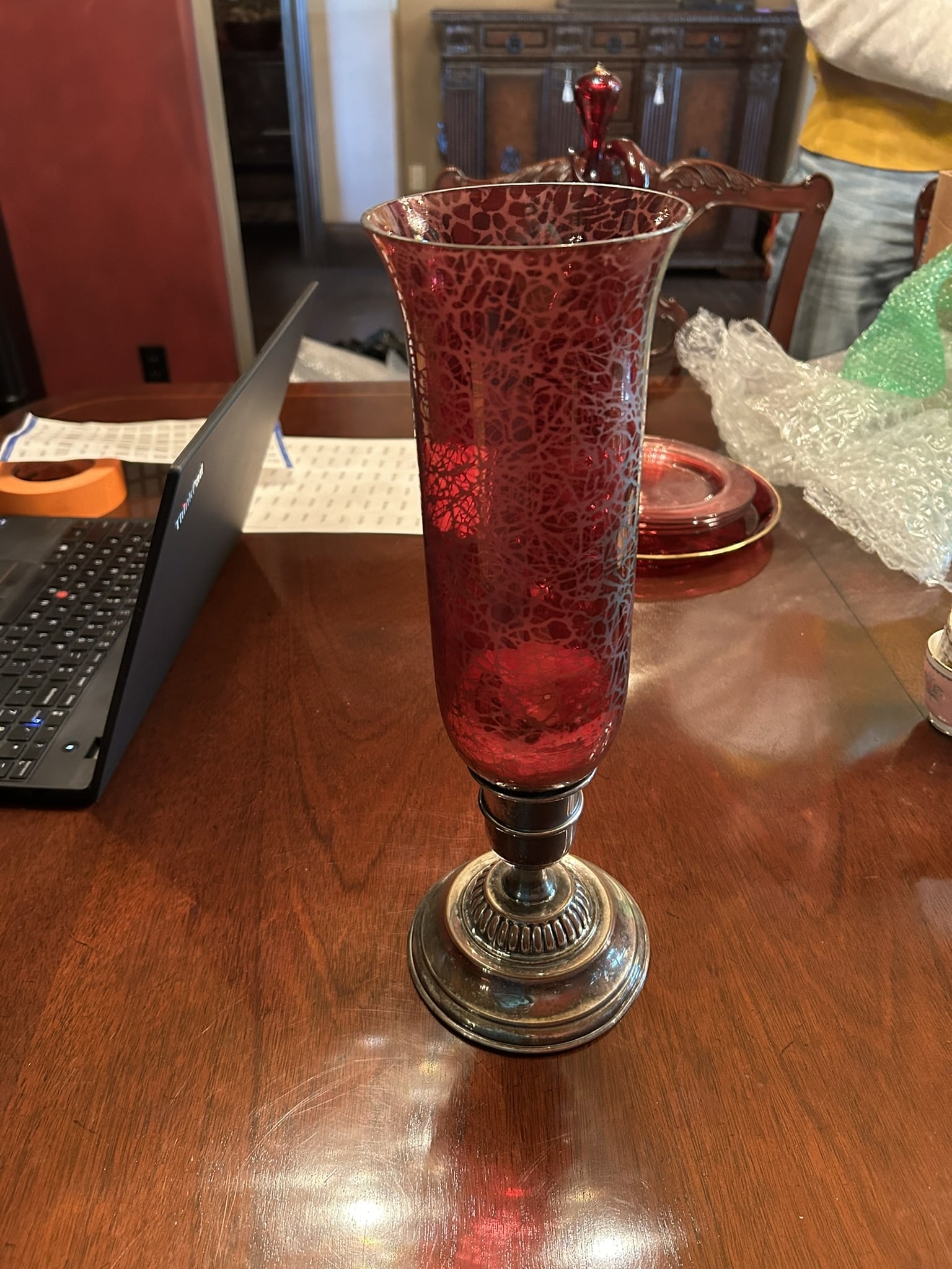 Vintage Cranberry Crackle Glass Silver Plate Trumpet Form Bud Vase Centerpiece (1 of 4)