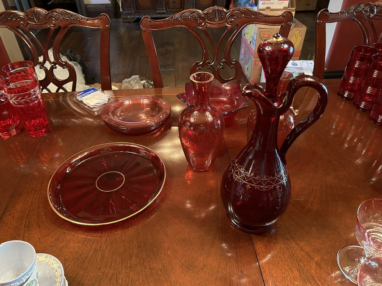 Vintage Cranberry And Ruby Glass Decanter Vase Bowl Plate And Serving Dish Grouping Set (1 of 2)