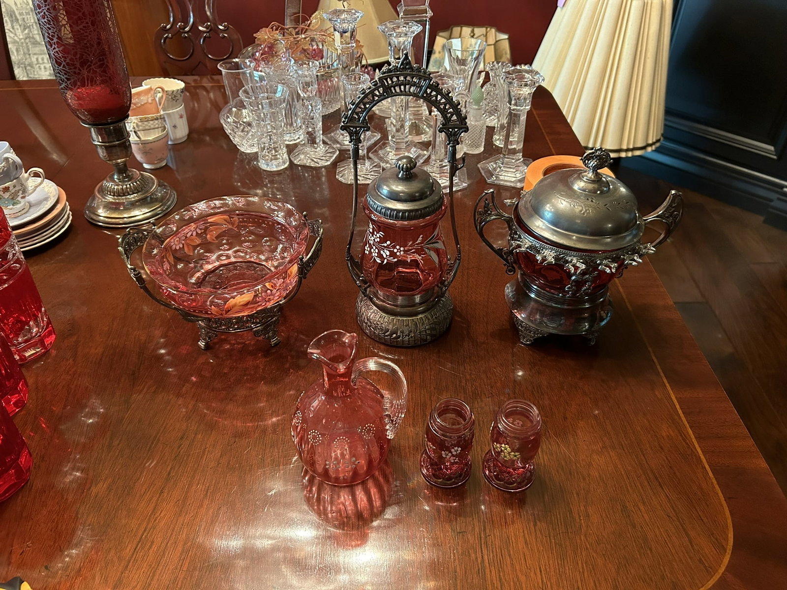 Vintage Cranberry Glass Cruet Cordial And Silver Plate Tableware Grouping Set (1 of 5)