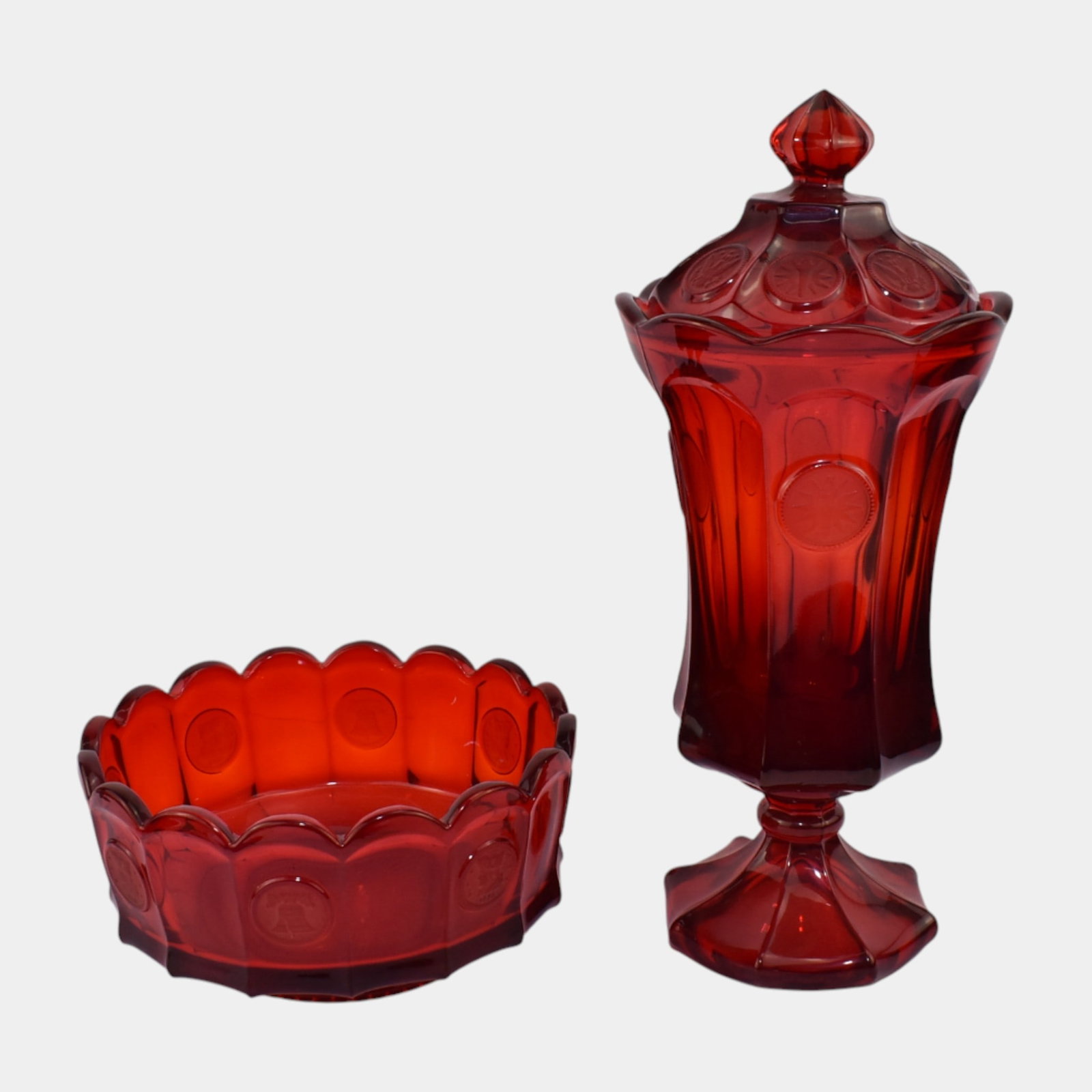 Fostoria Ruby Red Glass Coin Pattern Scalloped Rim Bowl & Lidded Apothecary Jar (1 of 3)