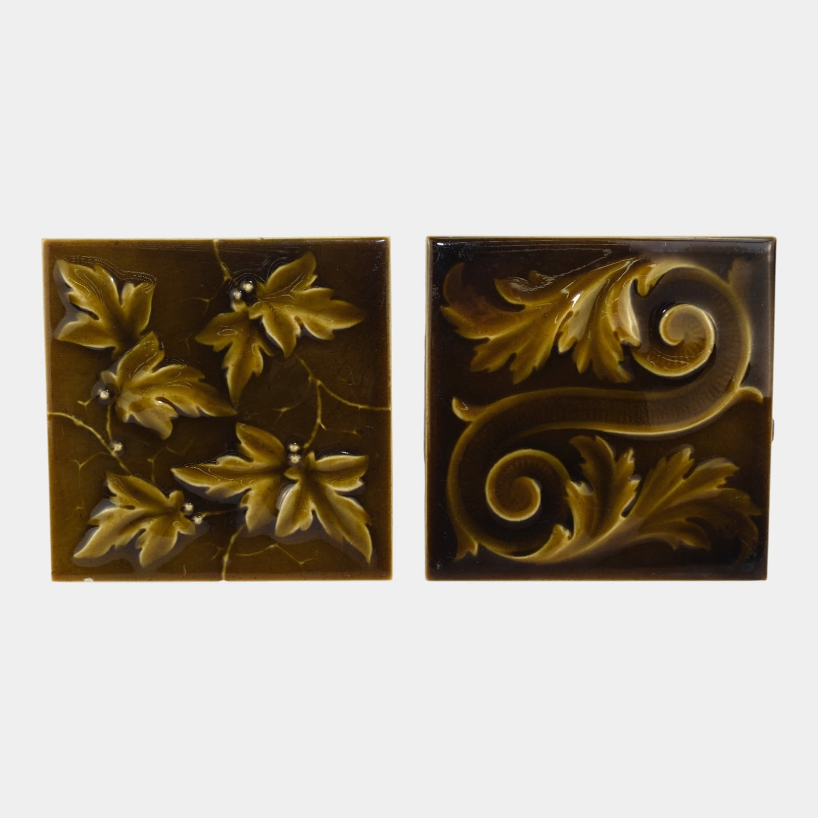 Kensington 1890s Art Pottery Brown Majolica Art Nouveau Leaf Motif Tiles (1 of 5)
