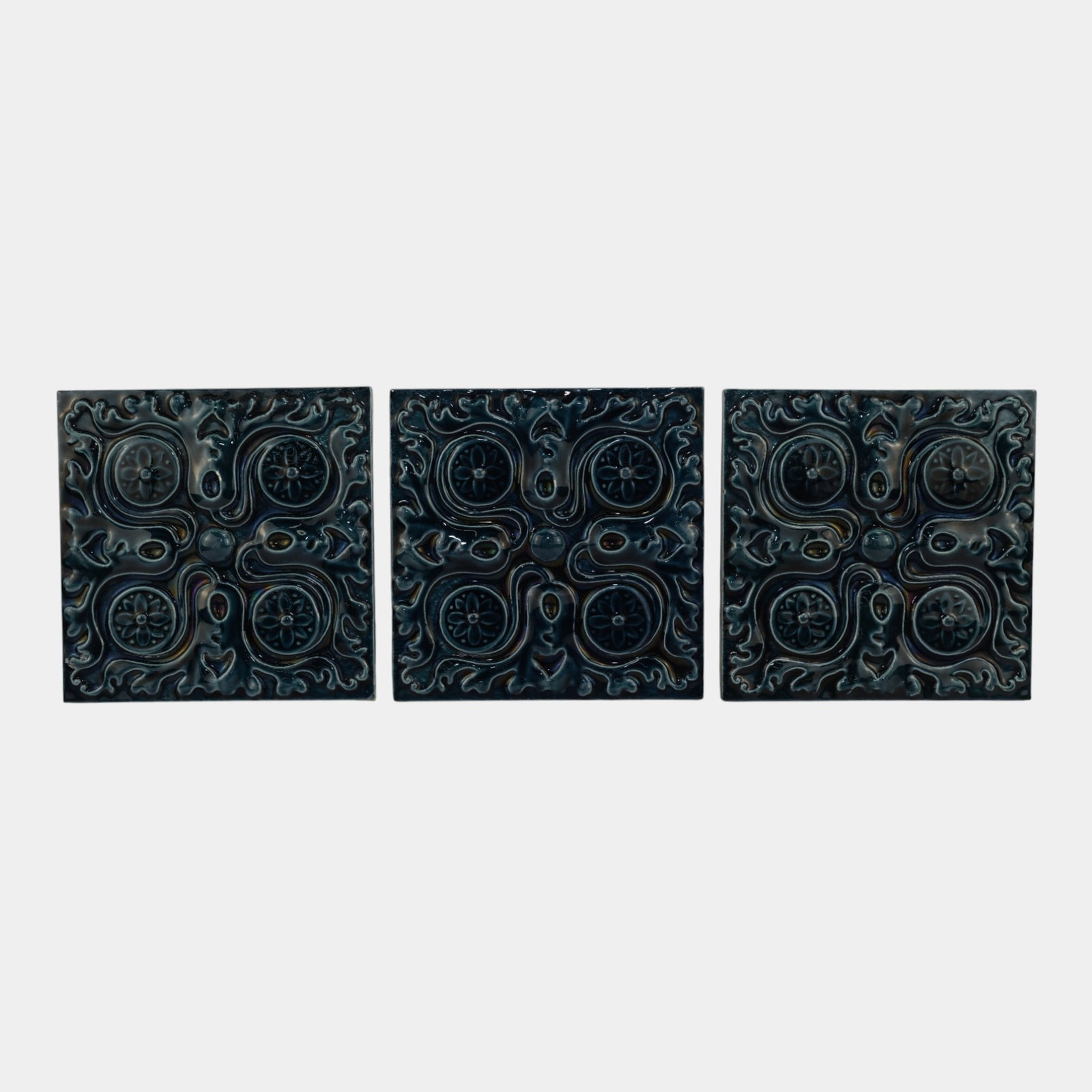 J & JG Low Art Tile Works 1880s Blue Majolica Art Nouveau Floral Ceramic Tiles (1 of 5)