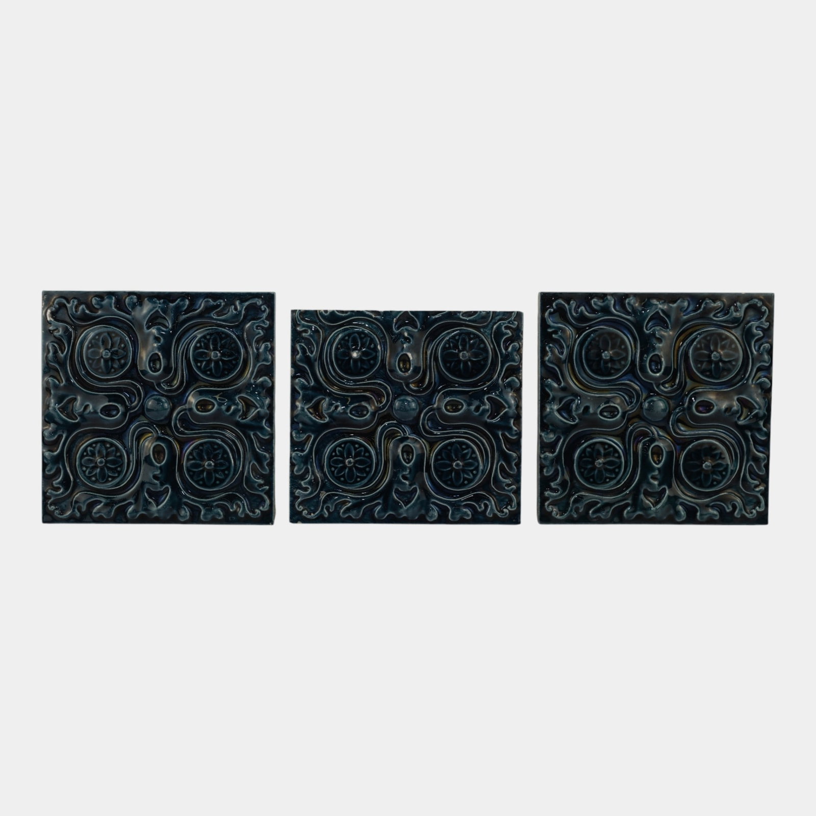 J & JG Low Art Tile Works 1880s Blue Majolica Art Nouveau Floral Ceramic Tiles (1 of 6)