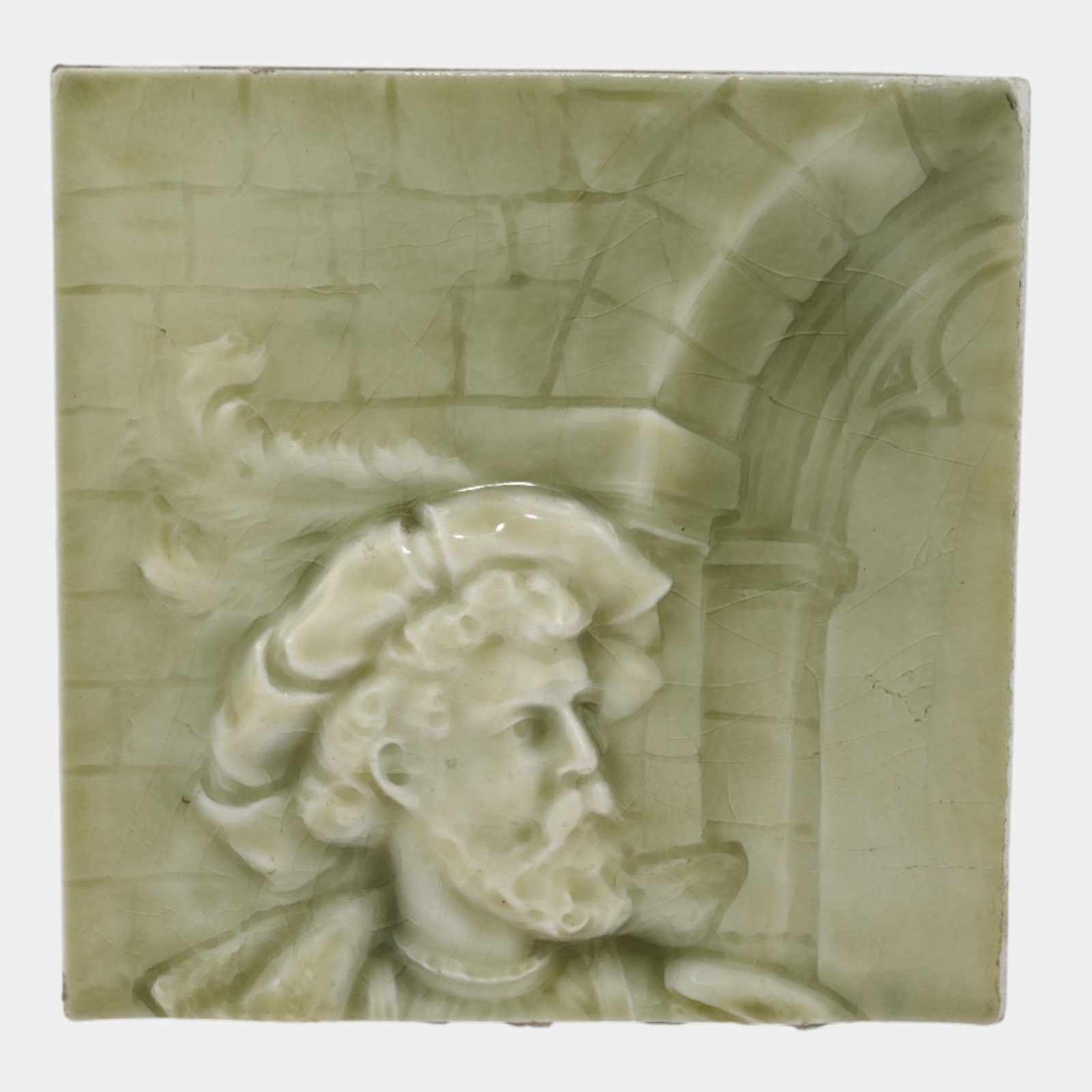 AETCO 1880s Art Pottery Green Mojolica Portrait Man In Archway Ceramic Tile (1 of 4)