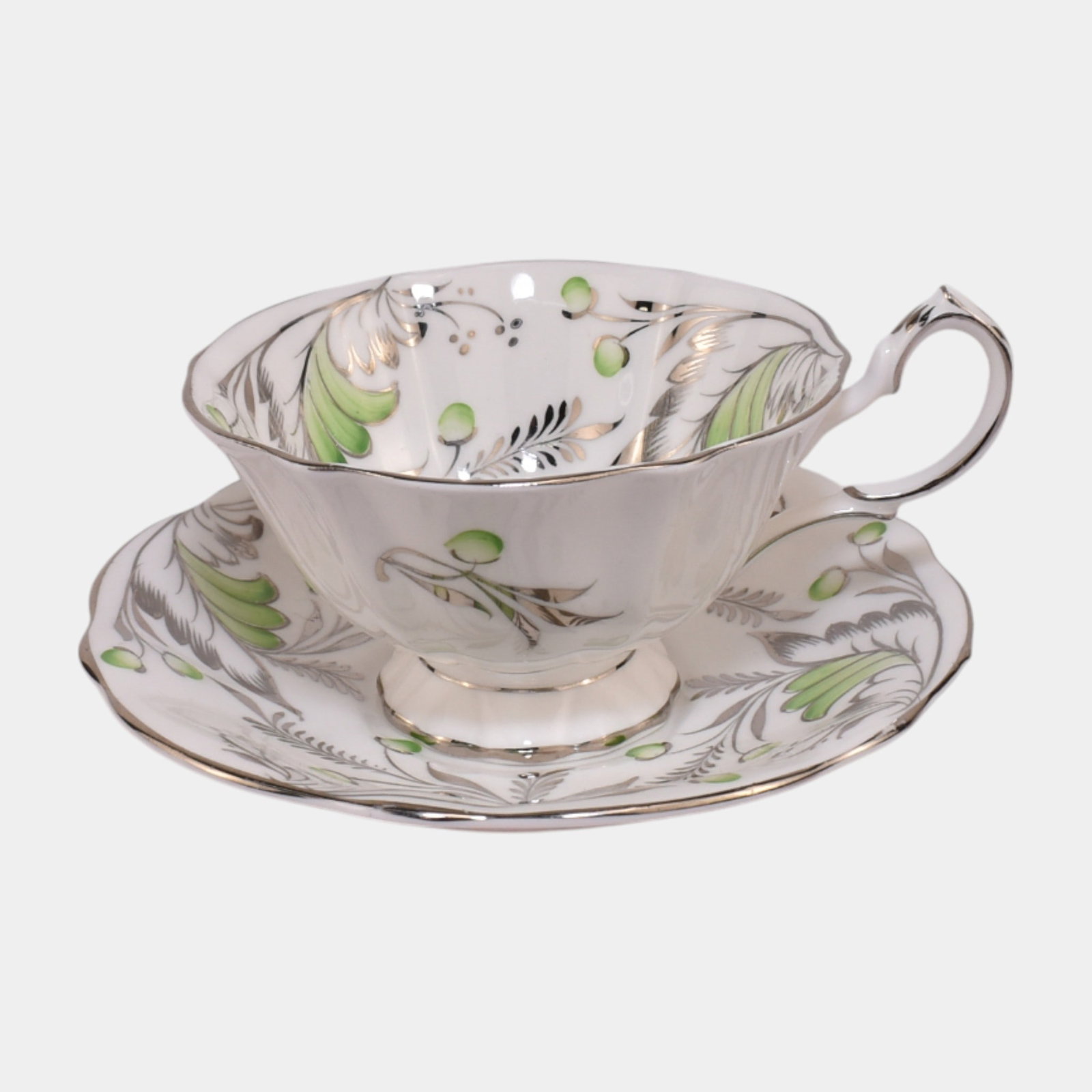 Queen Anne English Vintage Fine Bone China Green Black Cup & Saucer: We offer affordable in-house shipping on all items.For higher resolution images please visit bid.craftedauctions.com Queen Anne English Vintage Fine Bone China Green Black Cup & Saucer Elegantly refin