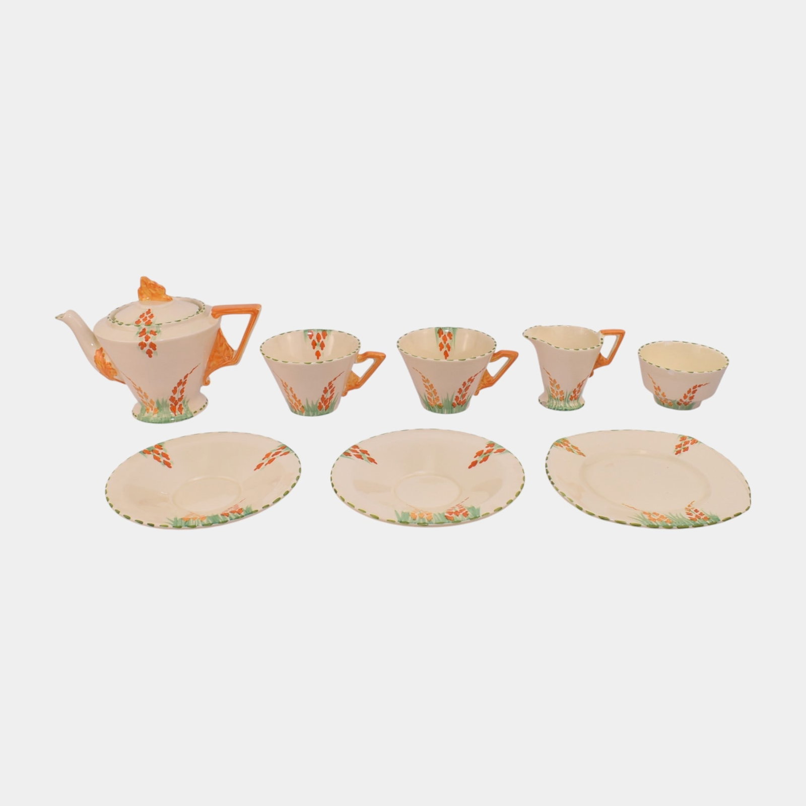 Burleigh Ware English 1930s Art Deco "Lupin" Orange Floral Teacup Saucer Plates: We offer affordable in-house shipping on all items.For higher resolution images please visit bid.craftedauctions.com Burleigh Ware English 1930s Art Deco "Lupin" Orange Floral Teacup Saucer Plates Exc