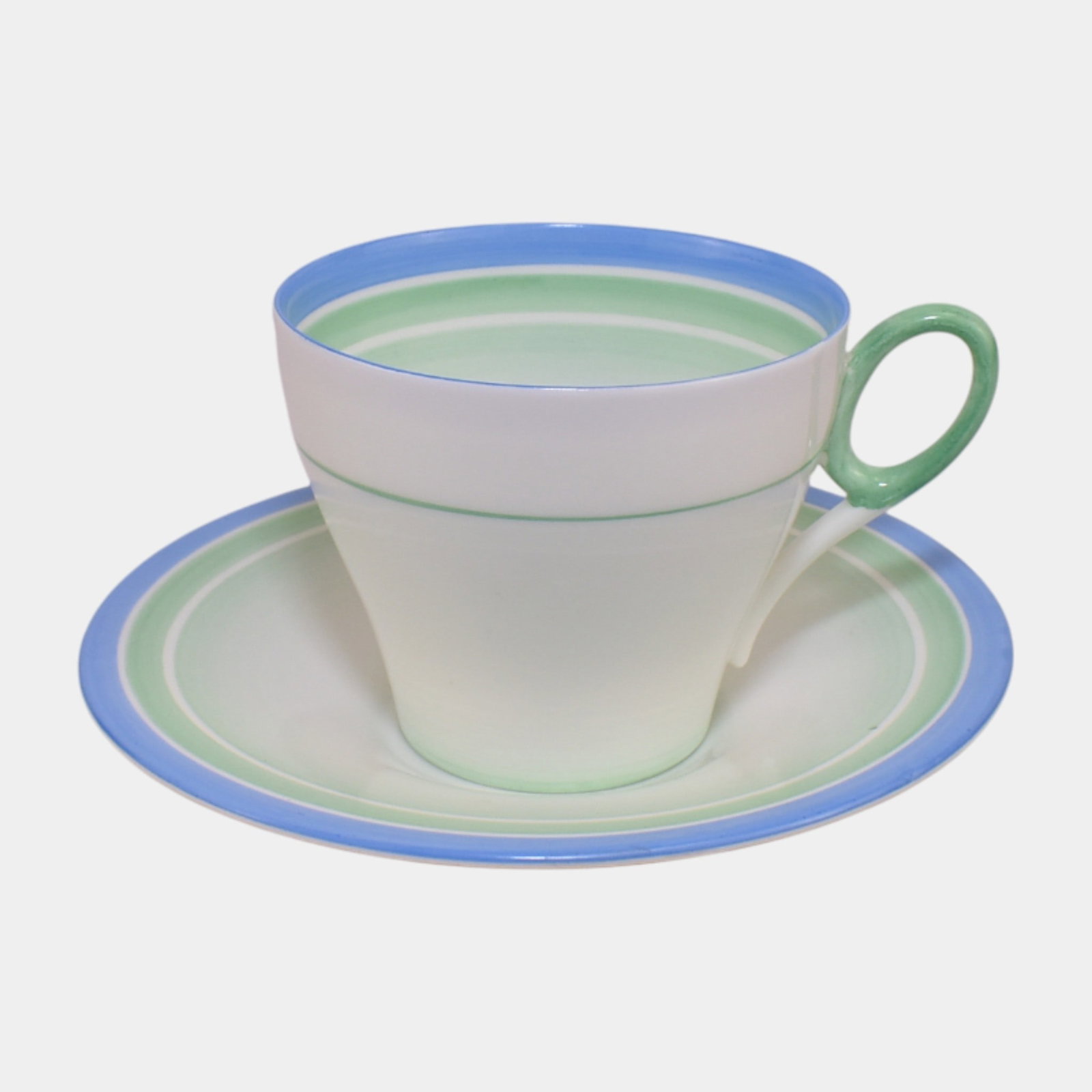 Shelly 1930s English Vintage Regent Bone China Blue Green Bands Cup & Saucer: We offer affordable in-house shipping on all items.For higher resolution images please visit bid.craftedauctions.com Shelly 1930s English Vintage Regent Bone China Blue Green Bands Cup & Saucer Softly