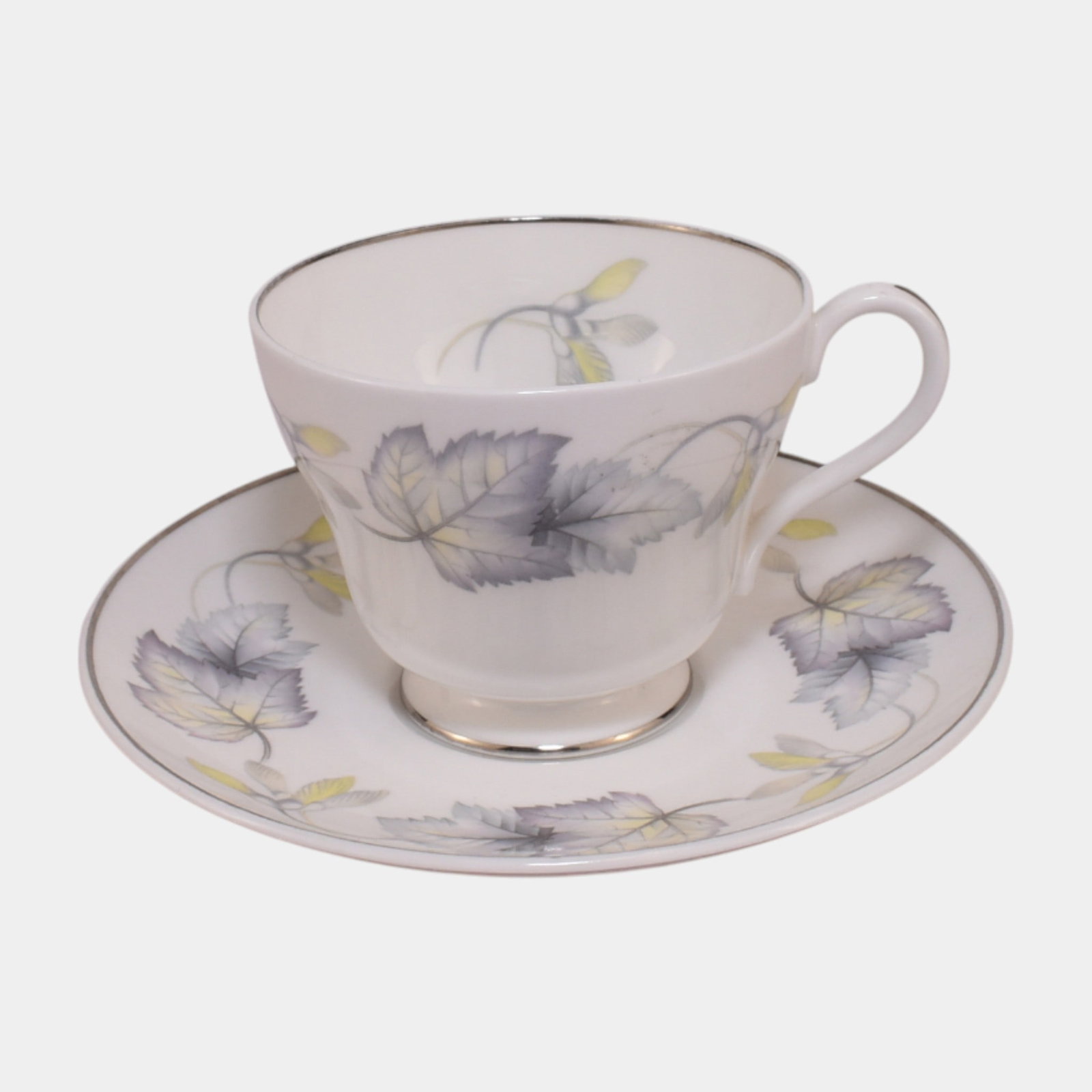 Shelley Sycamore English Vintage Bone China Gray Yellow Maple Leaf Cup & Saucer: We offer affordable in-house shipping on all items.For higher resolution images please visit bid.craftedauctions.com Shelley Sycamore English Vintage Bone China Gray Yellow Maple Leaf Cup & Saucer Sof