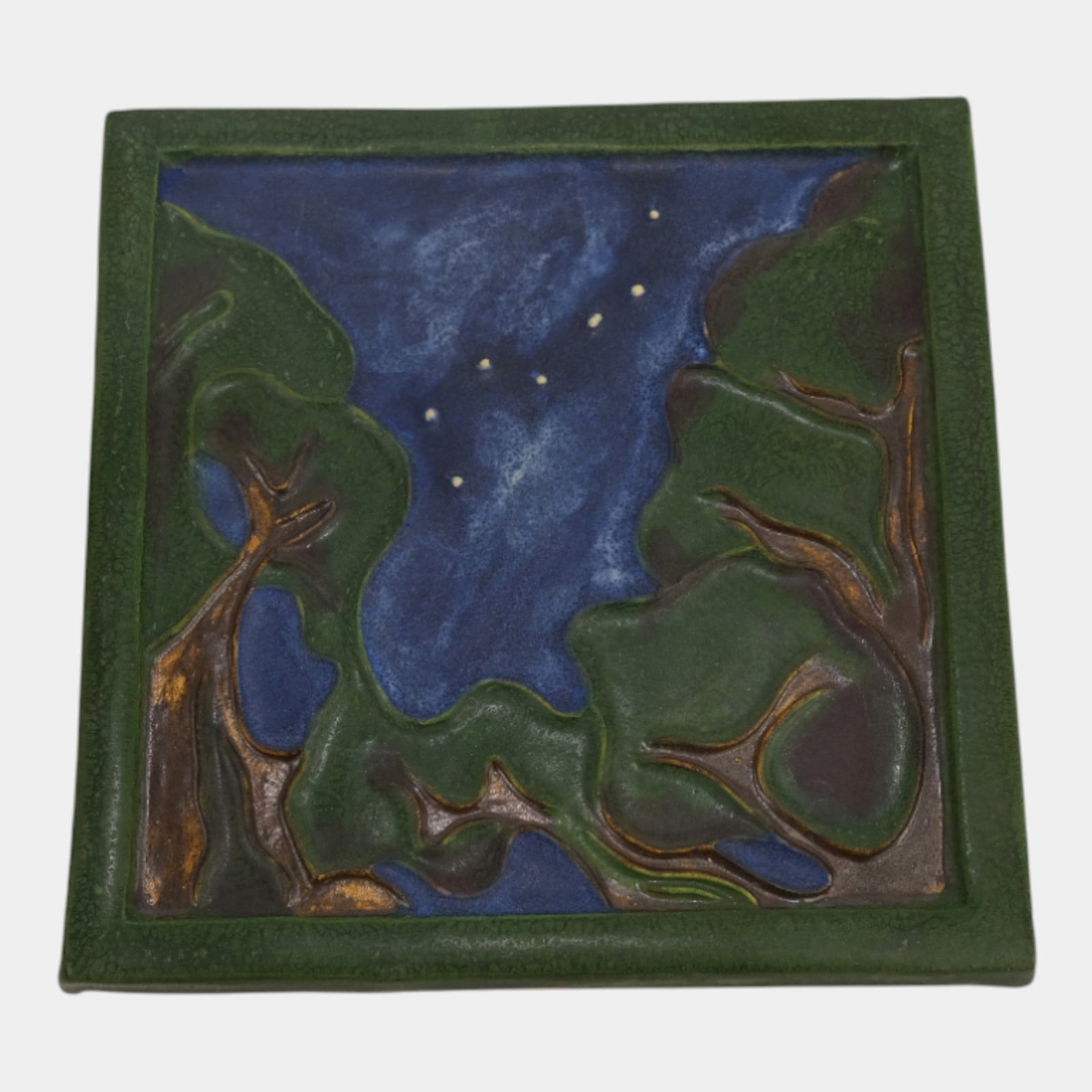 Ephraim Faience 2003 Arts And Crafts Blue Green Starry Night Art Pottery Tile (1 of 2)