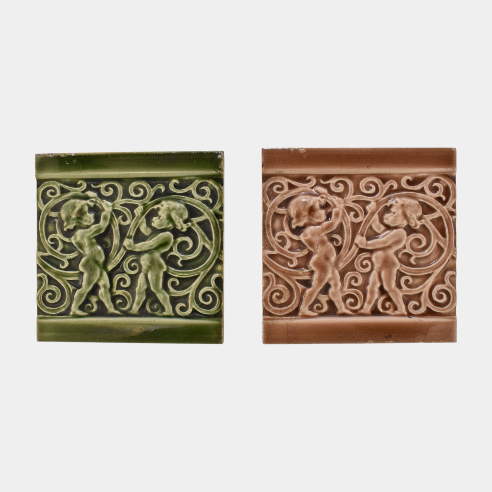 J & J.G. Low Tile Works 1880s Green Brown Majolica Cherubs Border Tile (1 of 3)