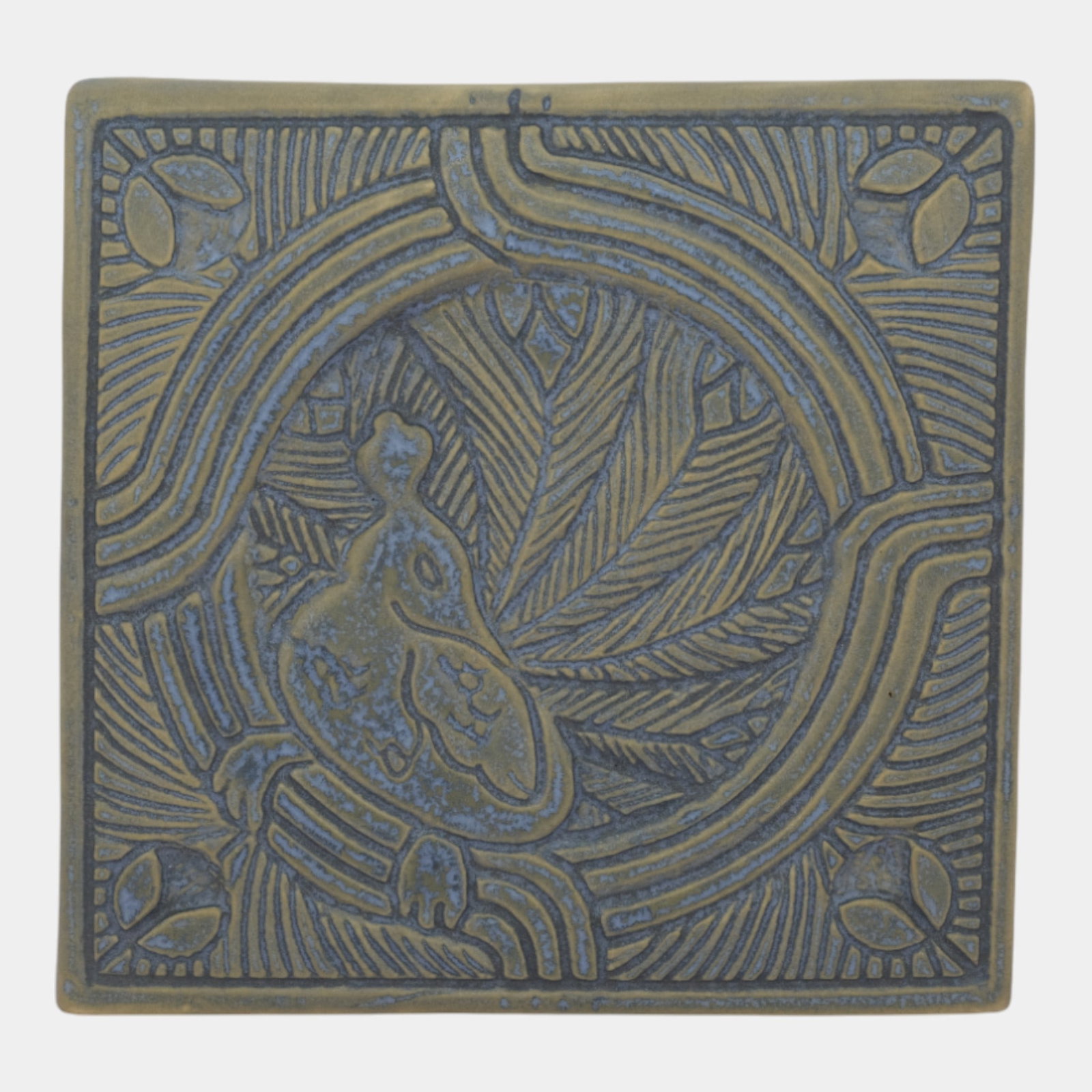 Pina Studio Art Pottery Matte Blue Carved English Peacock Ceramic Tile (1 of 3)