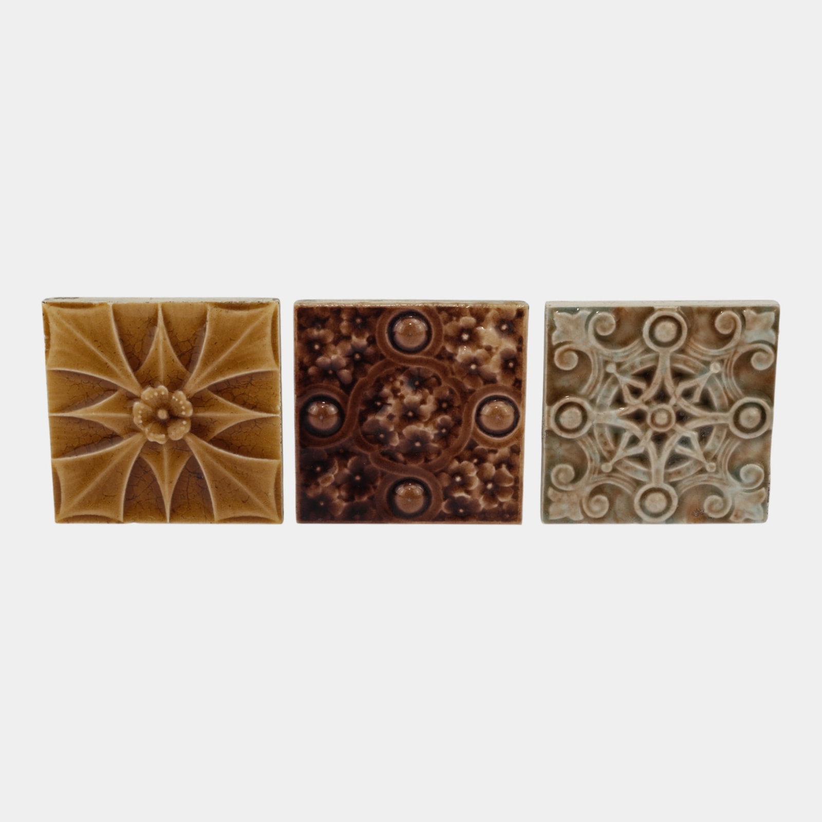 J & JG Low Art Tile Works 1880s Brown Majolica Geometric Art Pottery Tiles (1 of 4)