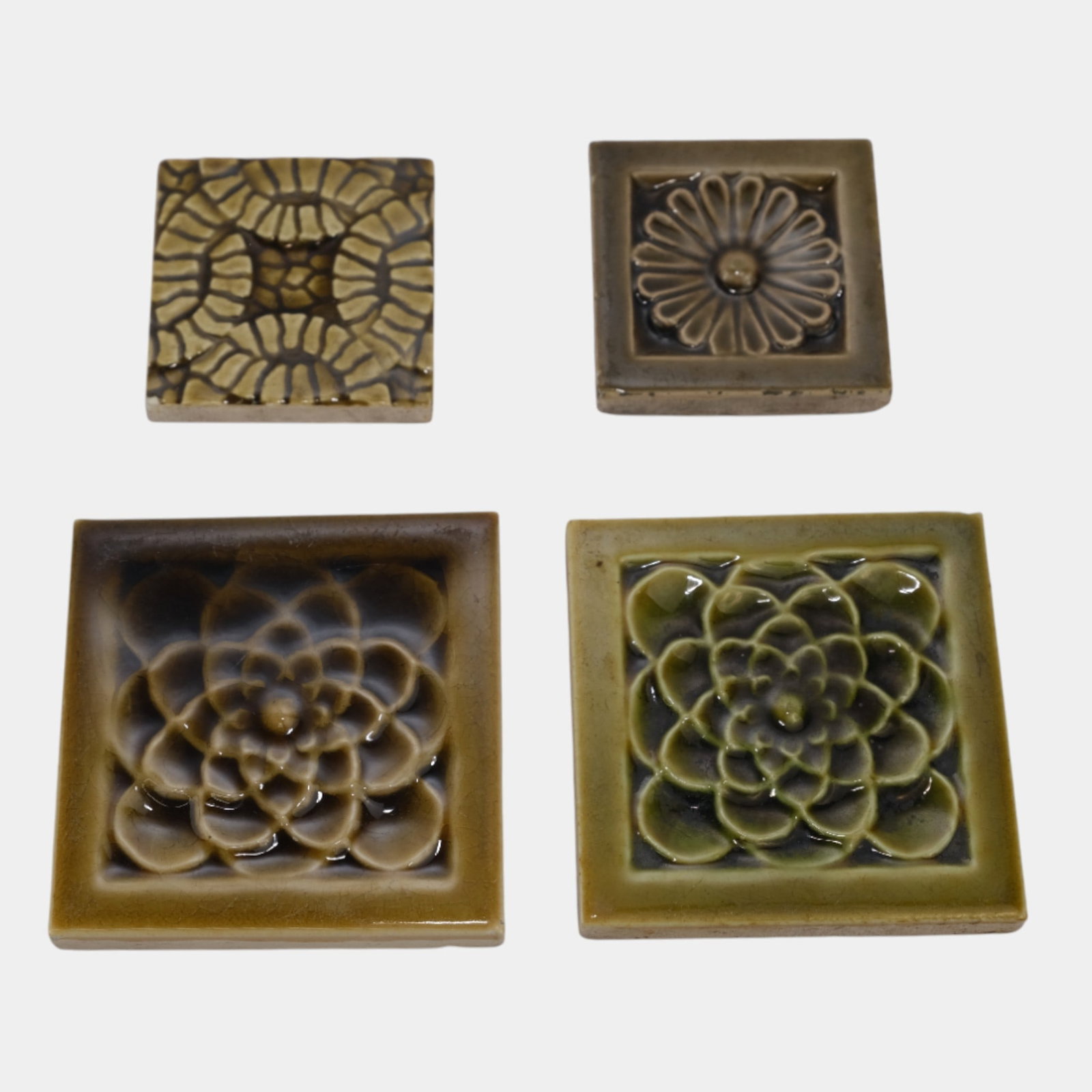 J & JG Low Art Tile Works Green Brown Majolica Geometric Floral Ceramic Tiles (1 of 3)