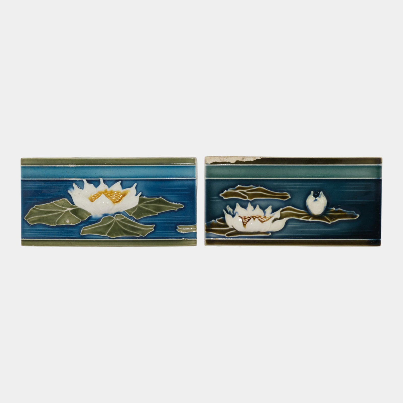 European Art Pottery Blue Green Water Lily Flower Ceramic Border Tiles (1 of 5)