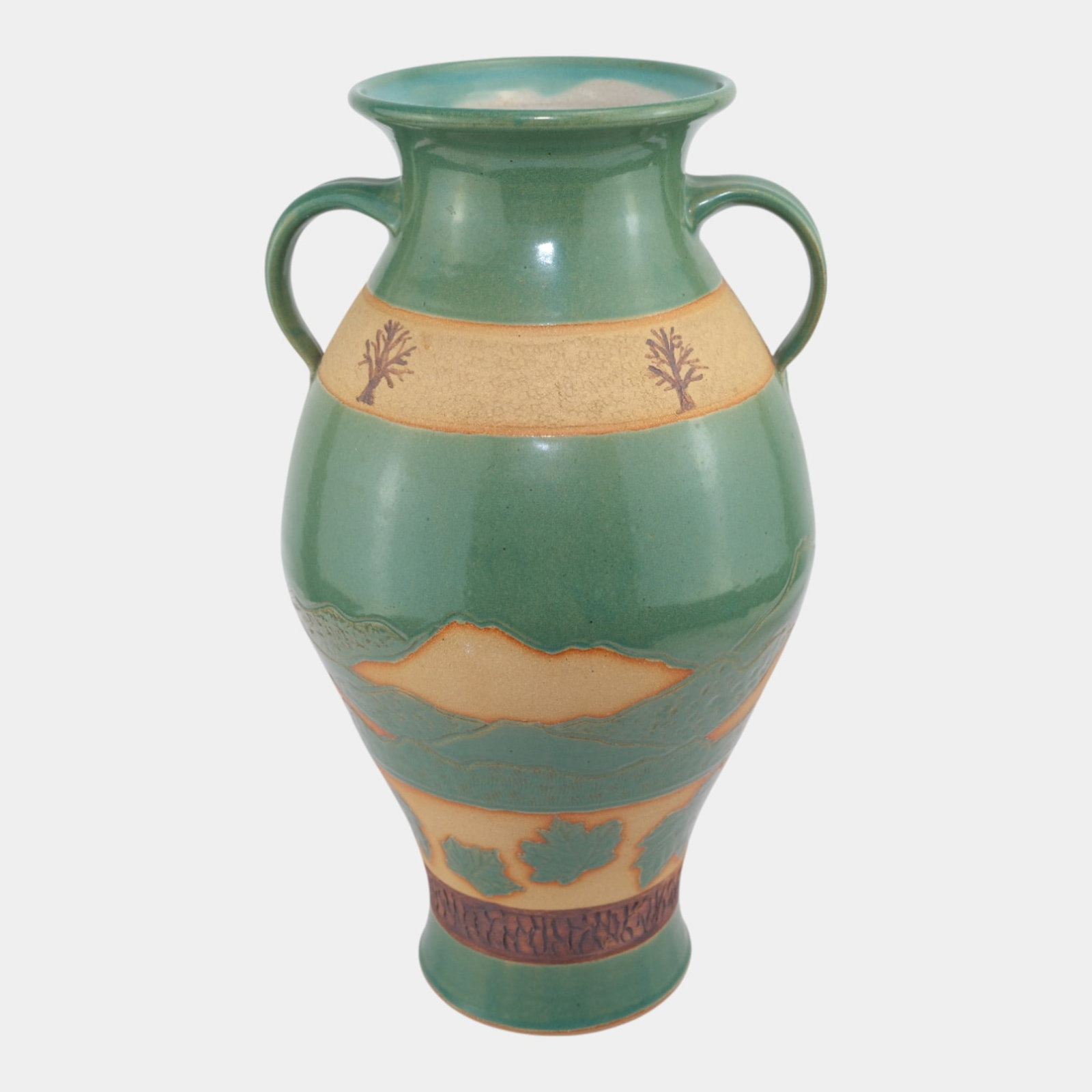Sharyn Tullar New Hampshire Studio Art Pottery Green Nature Motif Tall Vase (1 of 7)
