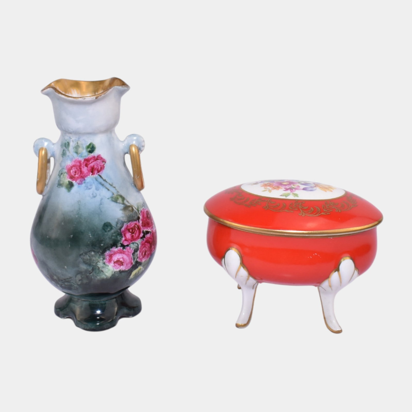 Jlmenau Kenneberg Red Porcelain Floral Lidded Jar Floral Gold Gilt Handled Vase: We offer affordable in-house shipping on all items.For higher resolution images please visit bid.craftedauctions.com Jlmenau Kenneberg Red Porcelain Floral Lidded Jar Floral Gold Gilt Handled Vase Exc