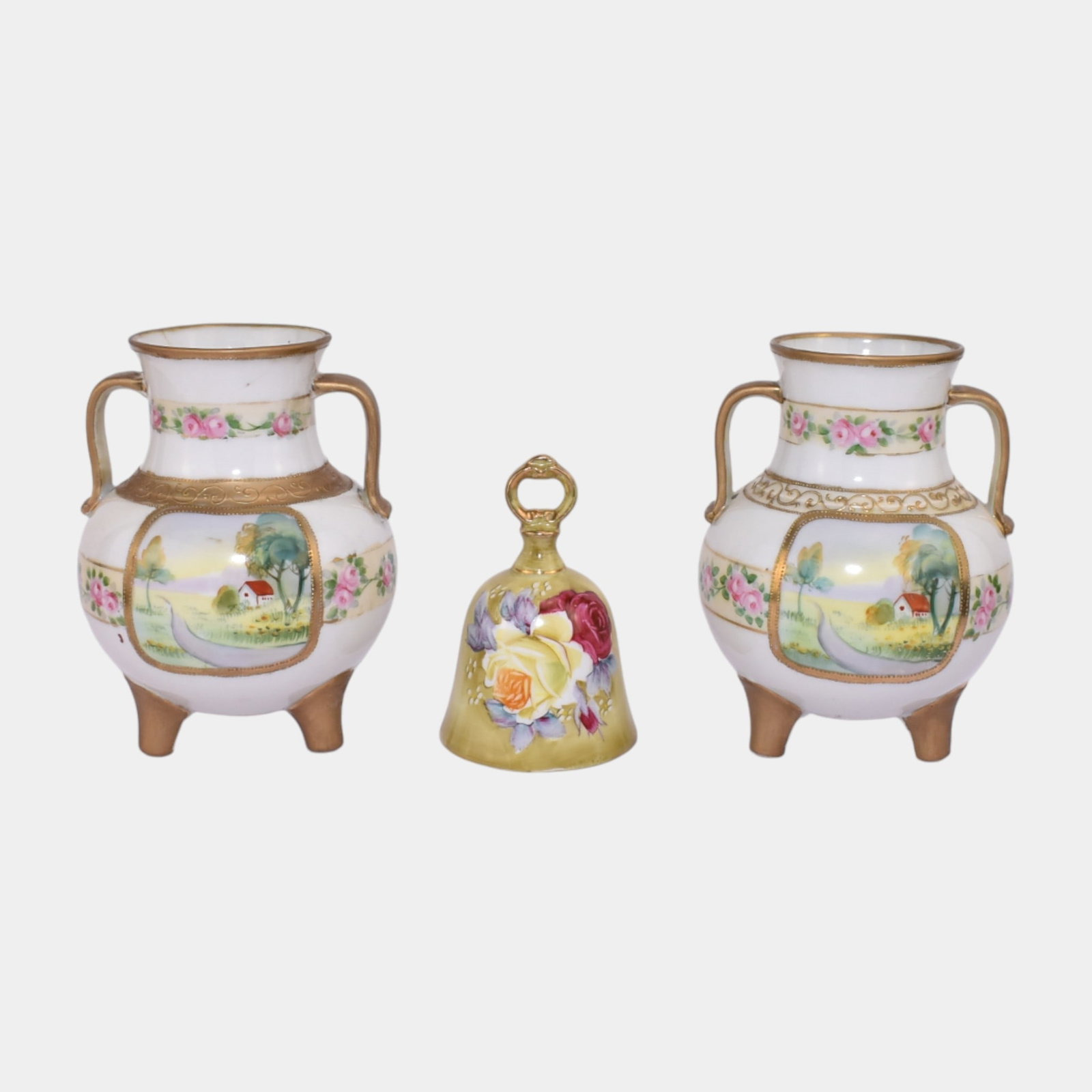 Morimura Brothers Japanese Hand Painted Floral Handled Vases And Yellow Bell: We offer affordable in-house shipping on all items.For higher resolution images please visit bid.craftedauctions.com Morimura Brothers Japanese Hand Painted Floral Handled Vases And Yellow Bell Excell
