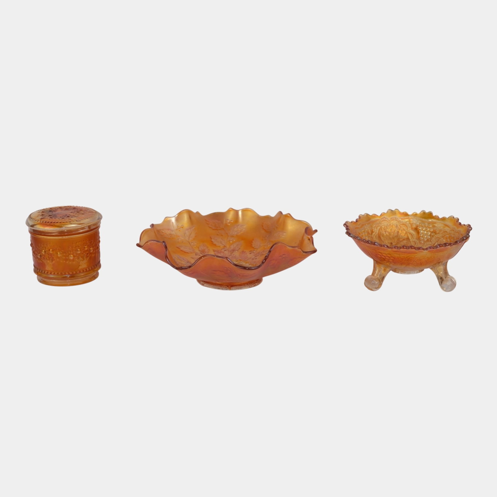 Fenton Marigold Carnival Glass Lidded Powder Bowl Footed Bowl Ruffled Rim Bowl (1 of 4)