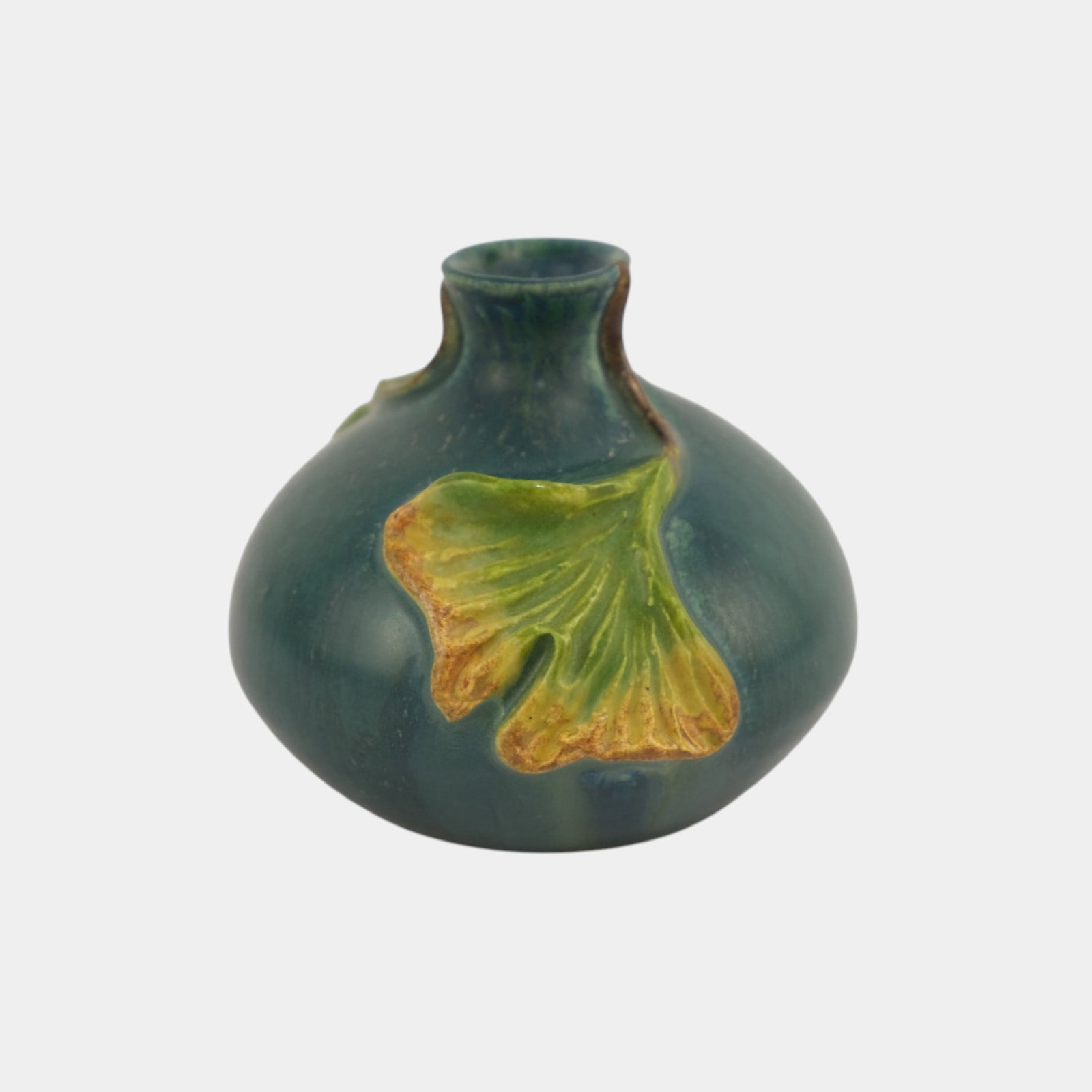 Ephraim Faience 2021 Pot Of The Week Miniature Teal Blue Ginkgo Bottle Vase (1 of 3)