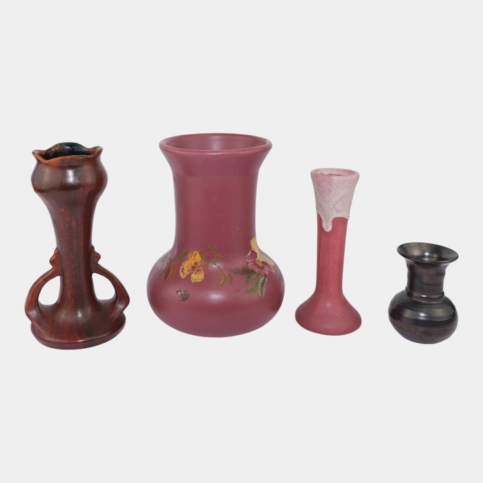 Zanesville Muncie Prinknash And French Pink Red Black Art Pottery Vases: We offer affordable in-house shipping on all items.For higher resolution images please visit bid.craftedauctions.com Zanesville Muncie Prinknash And French Pink Red Black Art Pottery Vases Excellent c