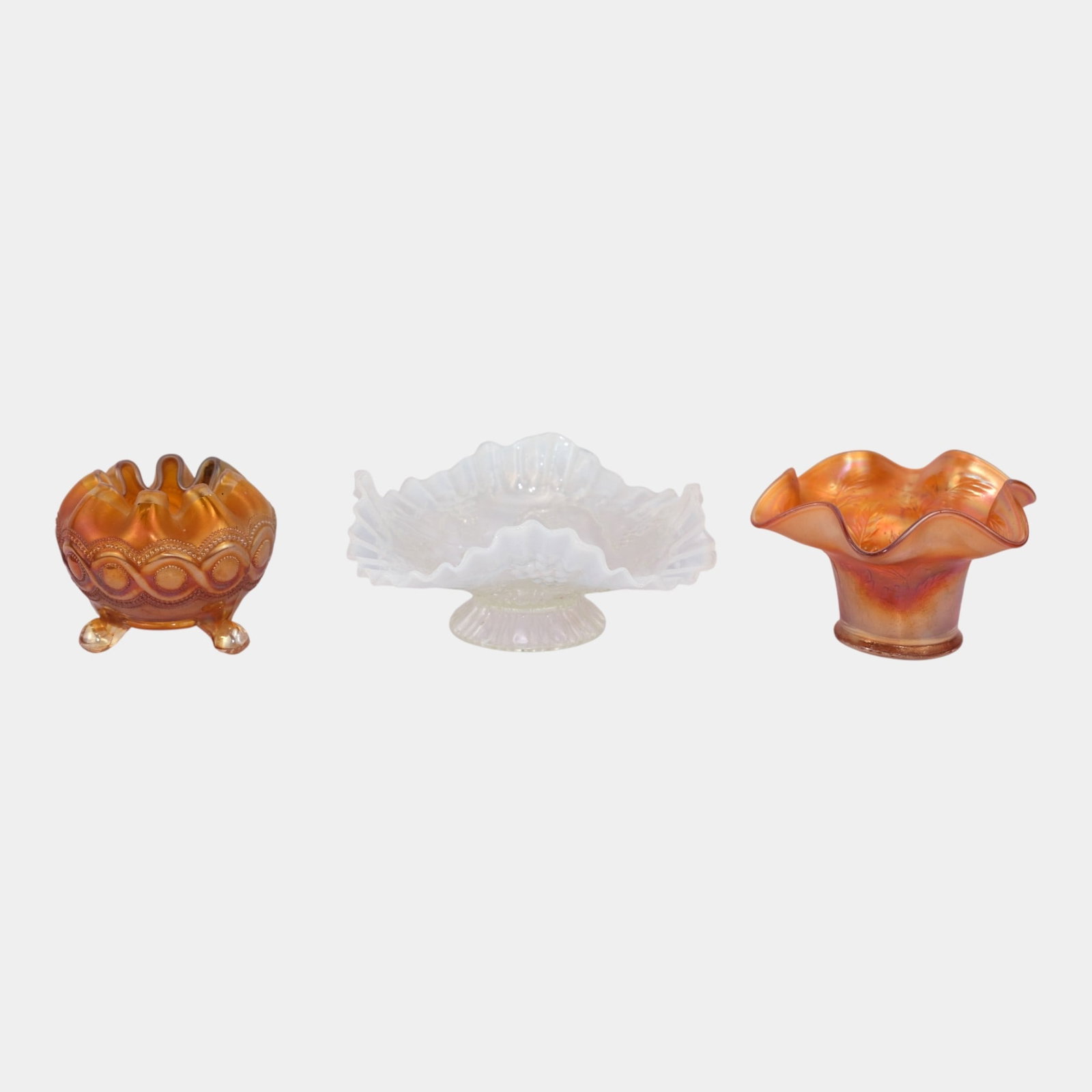 Fenton Northwood Marigold And Opaline Carnival Glass Ruffled Rim Bowls: We offer affordable in-house shipping on all items.For higher resolution images please visit bid.craftedauctions.com Fenton Northwood Marigold And Opaline Carnival Glass Ruffled Rim Bowls Excellent co