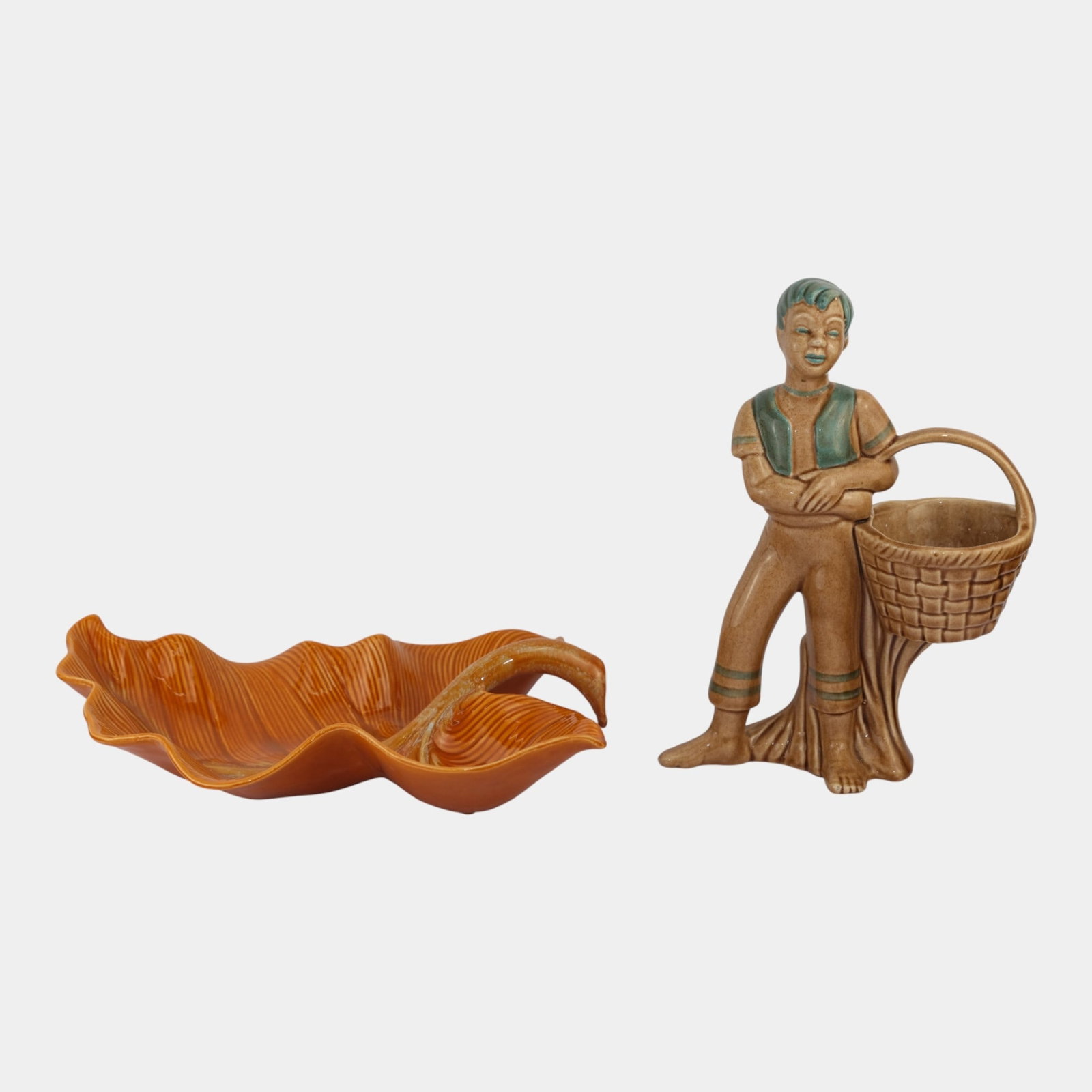 Hull Large Orange Autumn Leaf Pottery Bowl Haeger Basket Boy Figural Planter (1 of 6)