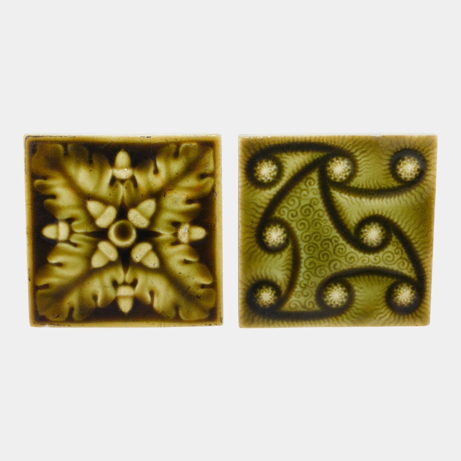 Trent Tile Company 1880s Art Pottery Green Brown Majolica Geometric Tiles: We offer affordable in-house shipping on all items.For higher resolution images please visit bid.craftedauctions.com Trent Tile Company 1880s Art Pottery Green Brown Majolica Geometric Tiles Excellent