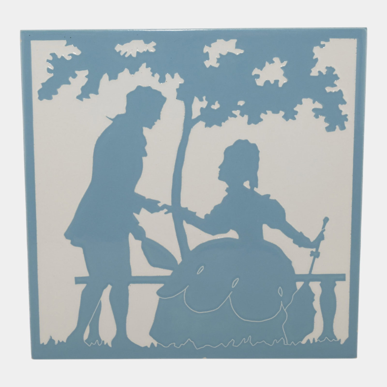Franklin Tile Co. Art Pottery Blue White Couple Silhouette Ceramic Tile (1 of 4)