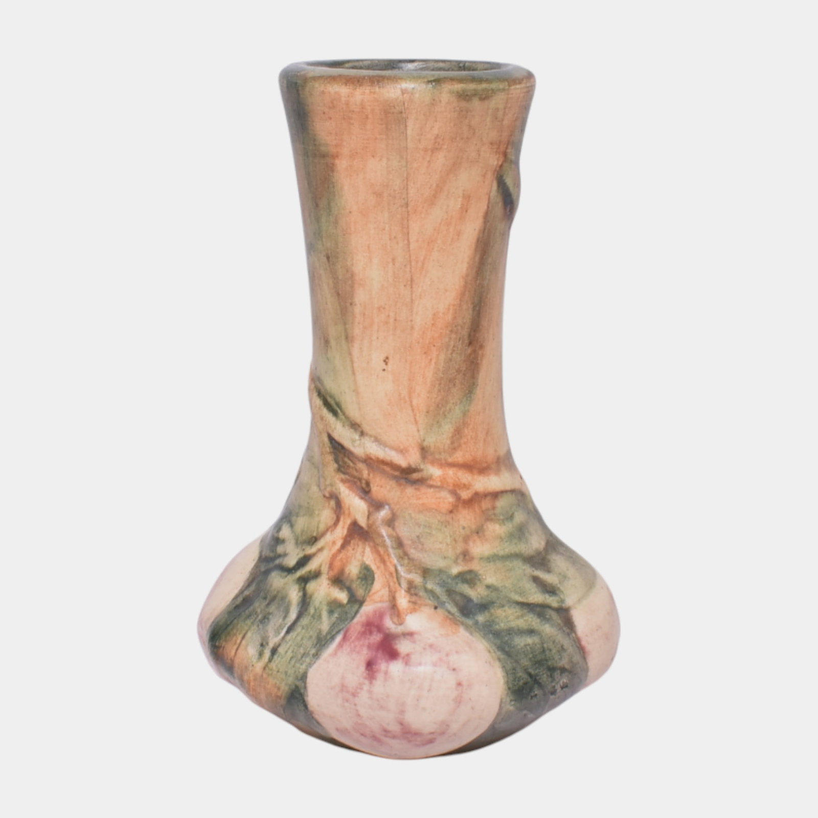Weller Baldin 1915-20 Vintage Art Pottery Brown And Green Red Apple Bud Vase: We offer affordable in-house shipping on all items.For higher resolution images please visit bid.craftedauctions.com Weller Baldin 1915-20 Vintage Art Pottery Brown And Green Red Apple Bud Vase Excell