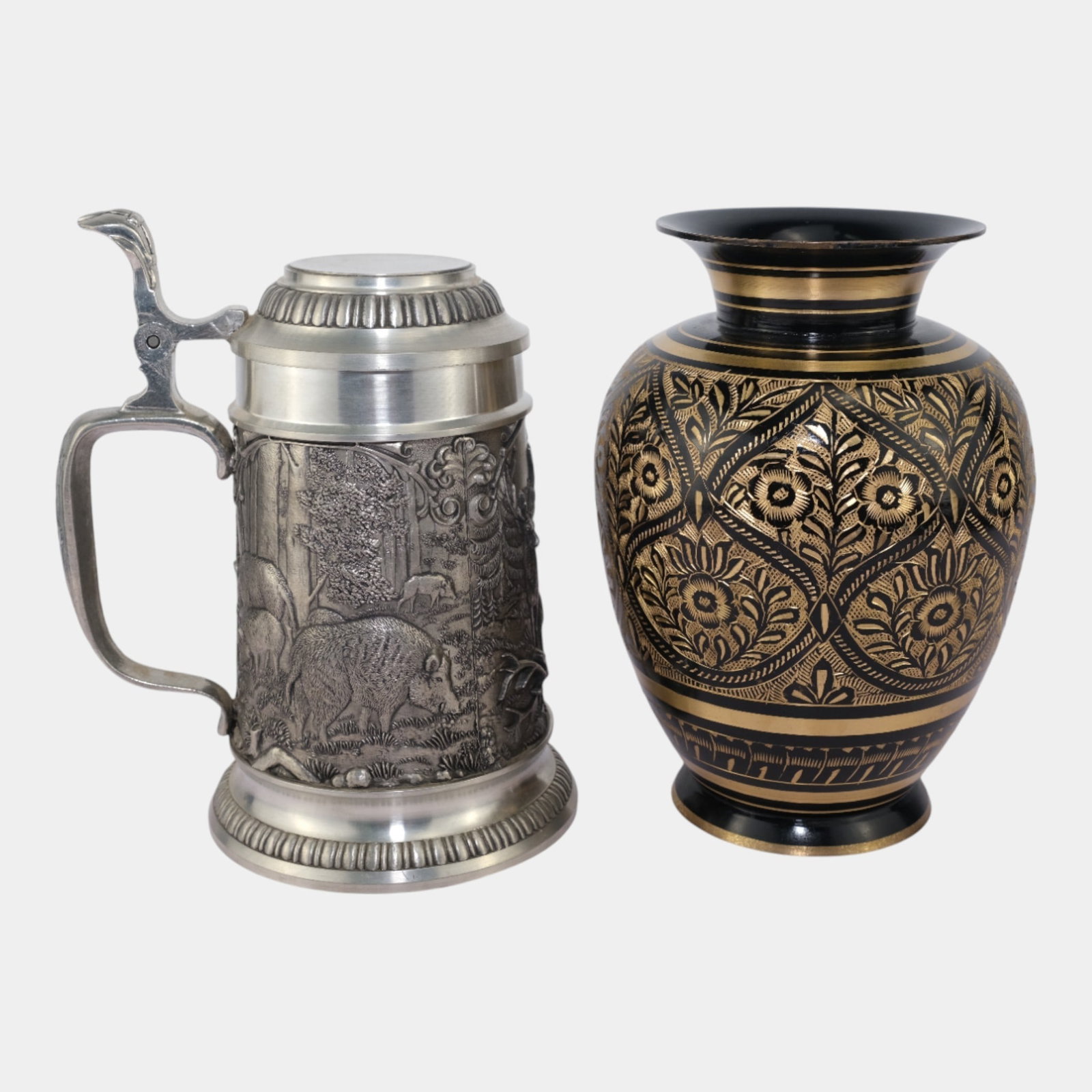 German Etain Zienn Pewter Stag Beer Stein And Indian Brass Floral Etched Vase: We offer affordable in-house shipping on all items.For higher resolution images please visit bid.craftedauctions.com German Etain Zienn Pewter Stag Beer Stein And Indian Brass Floral Etched Vase Excel