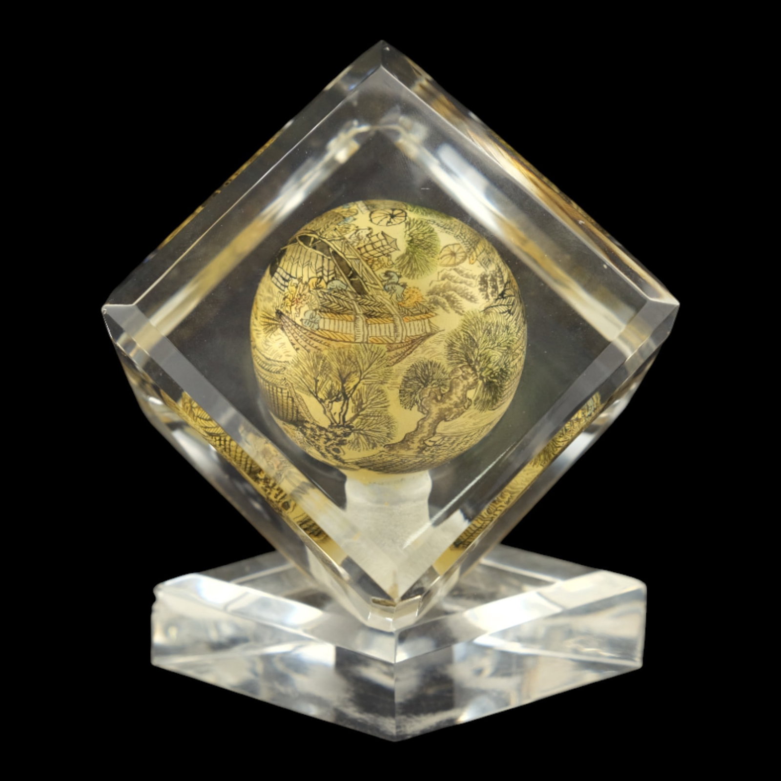 Chinese Vintage Reverse Painted Scenic Glass Paperweight with Base (1 of 15)