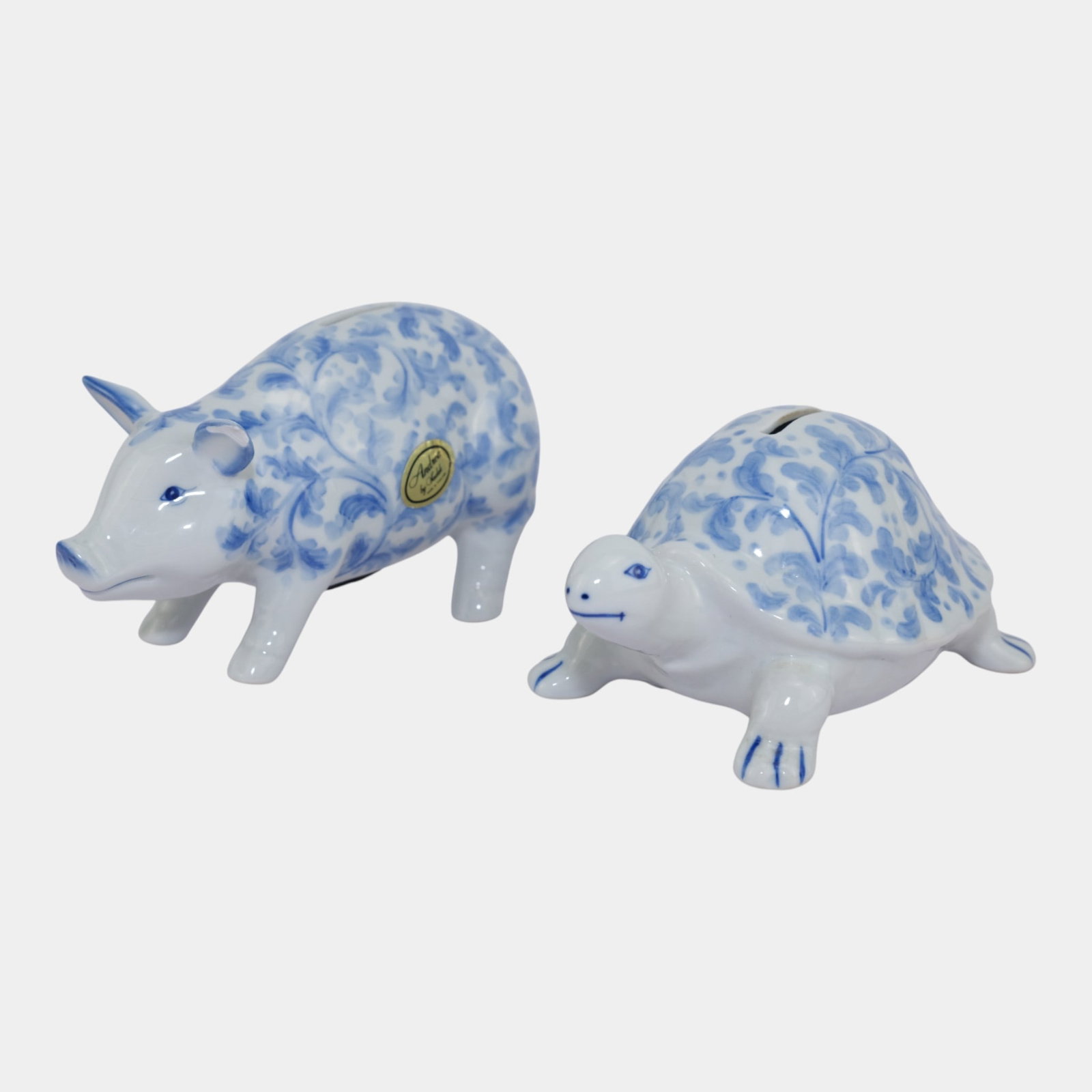 Andrea by Sadek Blue Porcelain Floral Decorated Pig Turtle Coin Bank (1 of 9)