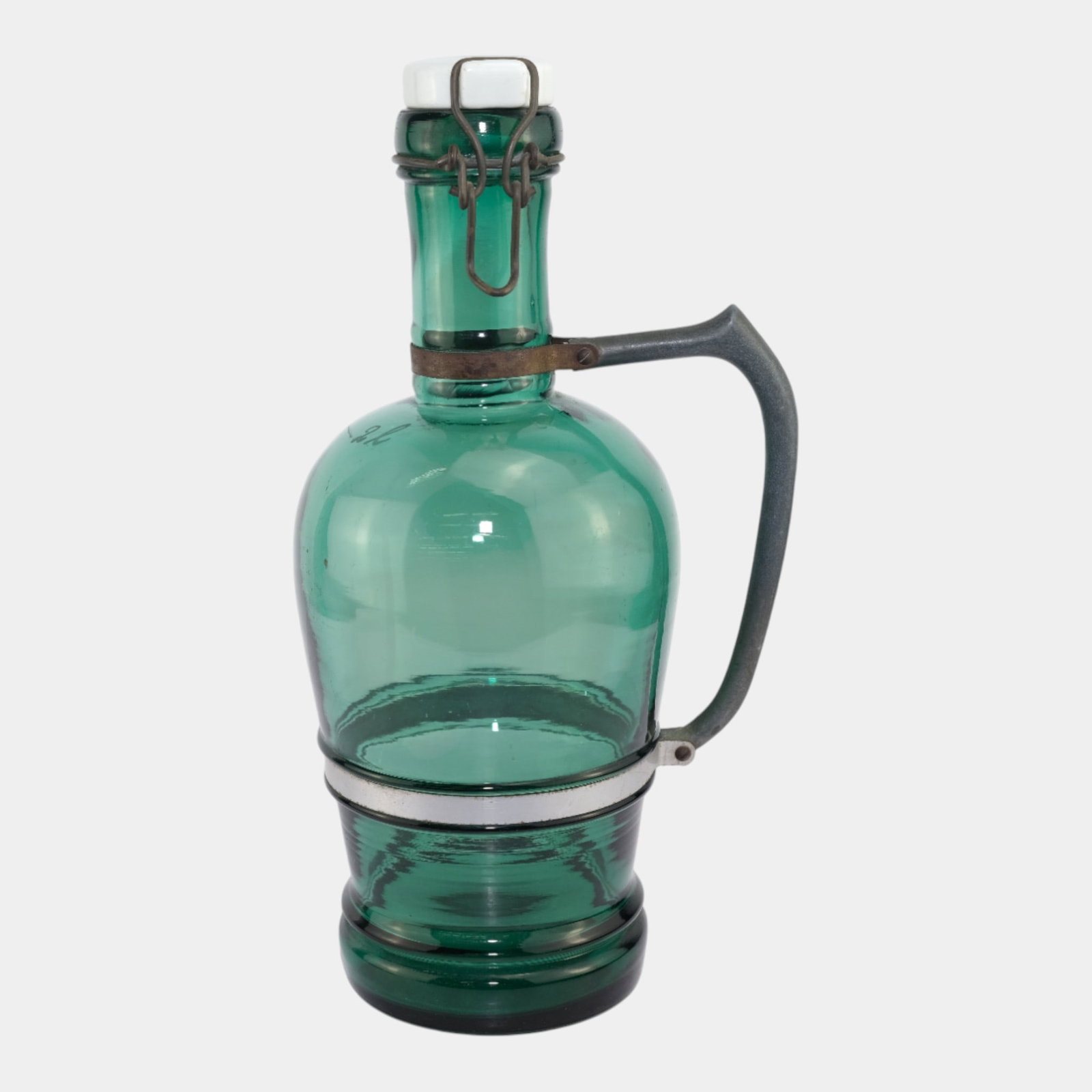 German Mid Century Green Glass Metal Bale 2 Liter Beer Growler With Ceramic Lid (1 of 9)
