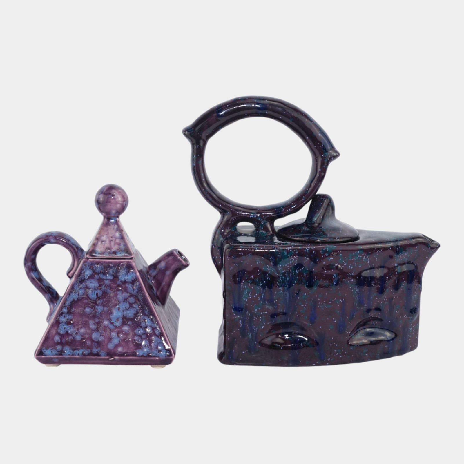 Canadian Studio Art Pottery Glossy Purple Blue Pyramid & Iron Shaped Teapots (1 of 4)