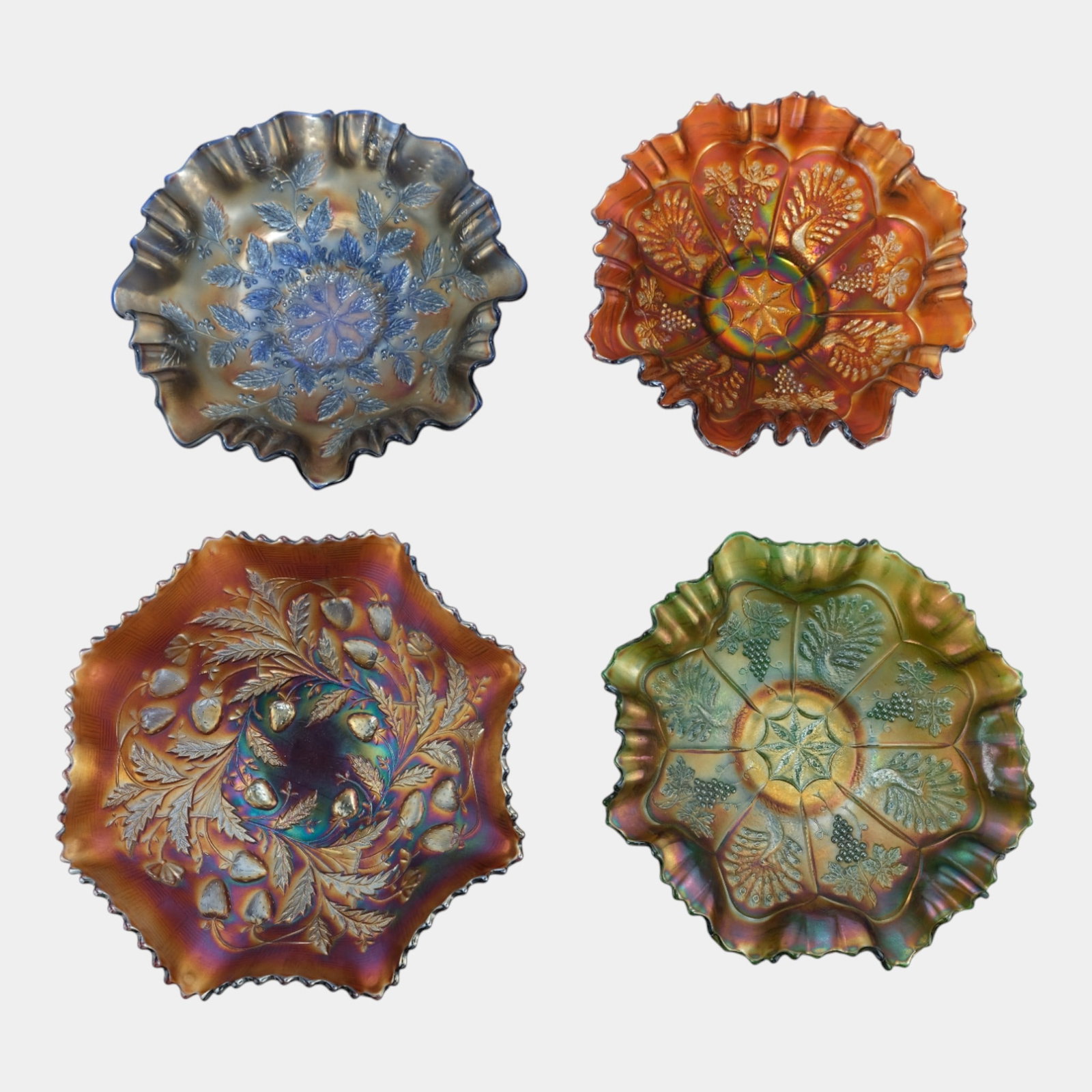 Fenton Northwood 1910s Carnival Glass Ruffled Rim Grape And Peacock Bowls (1 of 4)