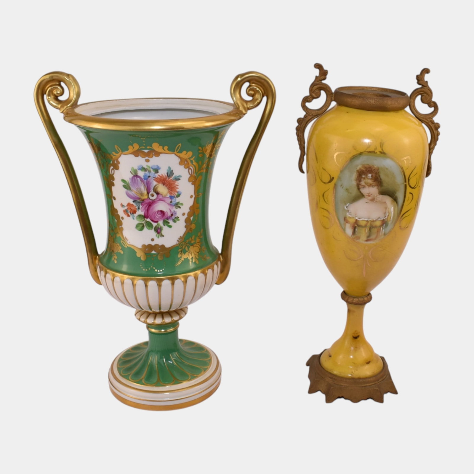European Green Yellow Handled Porcelain Dresden And Sevres Style Urn Vases: We offer affordable in-house shipping on all items.For higher resolution images please visit bid.craftedauctions.com European Green Yellow Handled Porcelain Dresden And Sevres Style Urn Vases Excellen