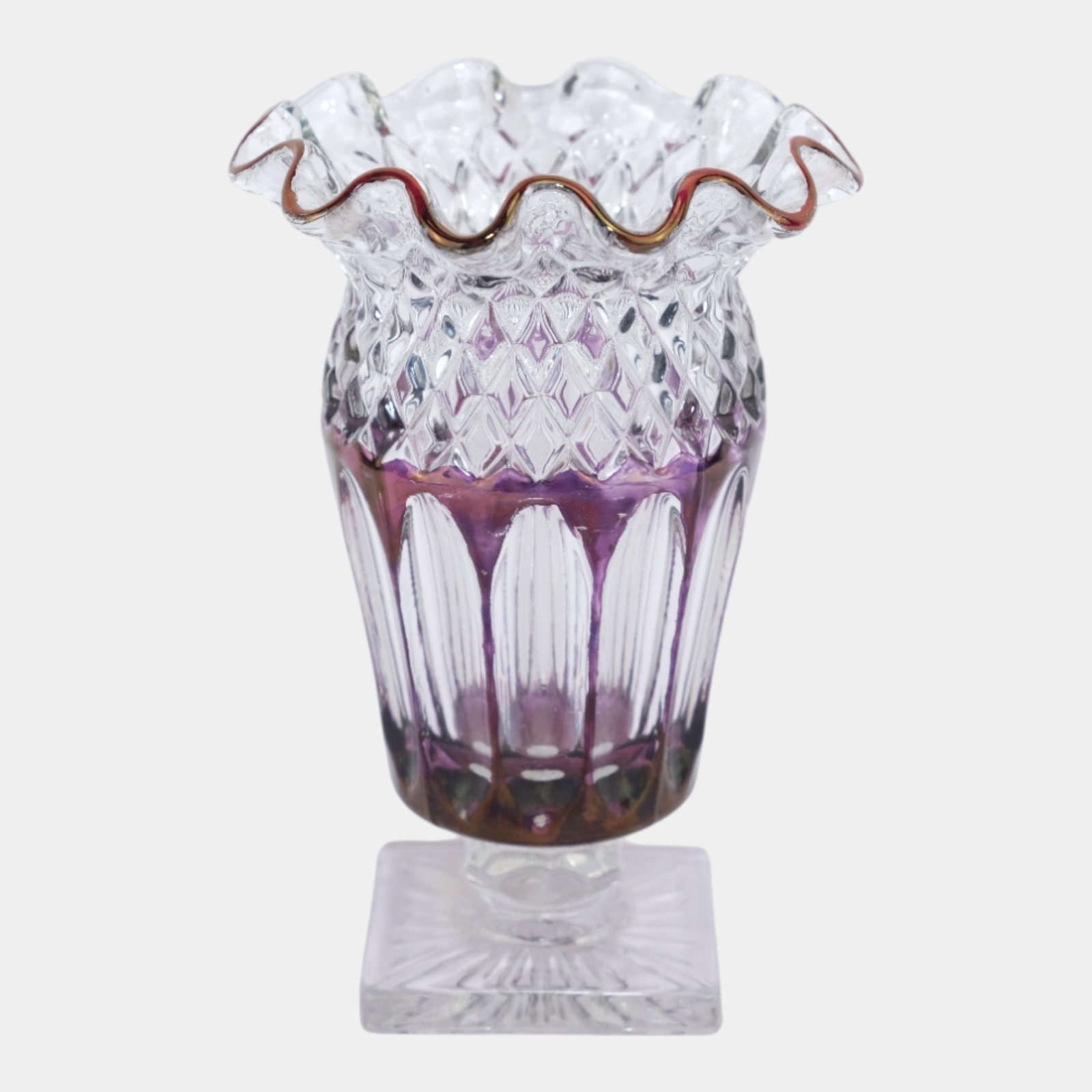 Westmoreland Waterford Wakefield Clear And Purple Ruffled Rim Glass Vase: We offer affordable in-house shipping on all items.For higher resolution images please visit bid.craftedauctions.com Westmoreland Waterford Wakefield Clear And Purple Ruffled Rim Glass Vase Excellent 