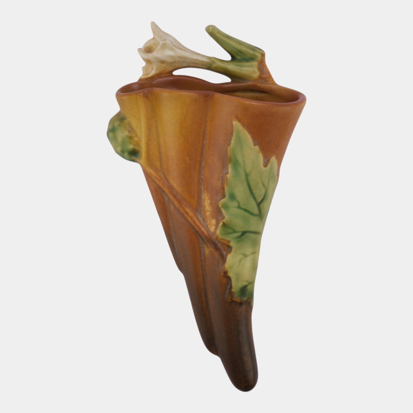 Roseville Thornapple Brown 1937 Vintage Art Deco Pottery Wall Pocket 1280-8: We offer affordable in-house shipping on all items.For higher resolution images please visit bid.craftedauctions.com Roseville Thornapple Brown 1937 Vintage Art Deco Pottery Wall Pocket 1280-8 Nice mo