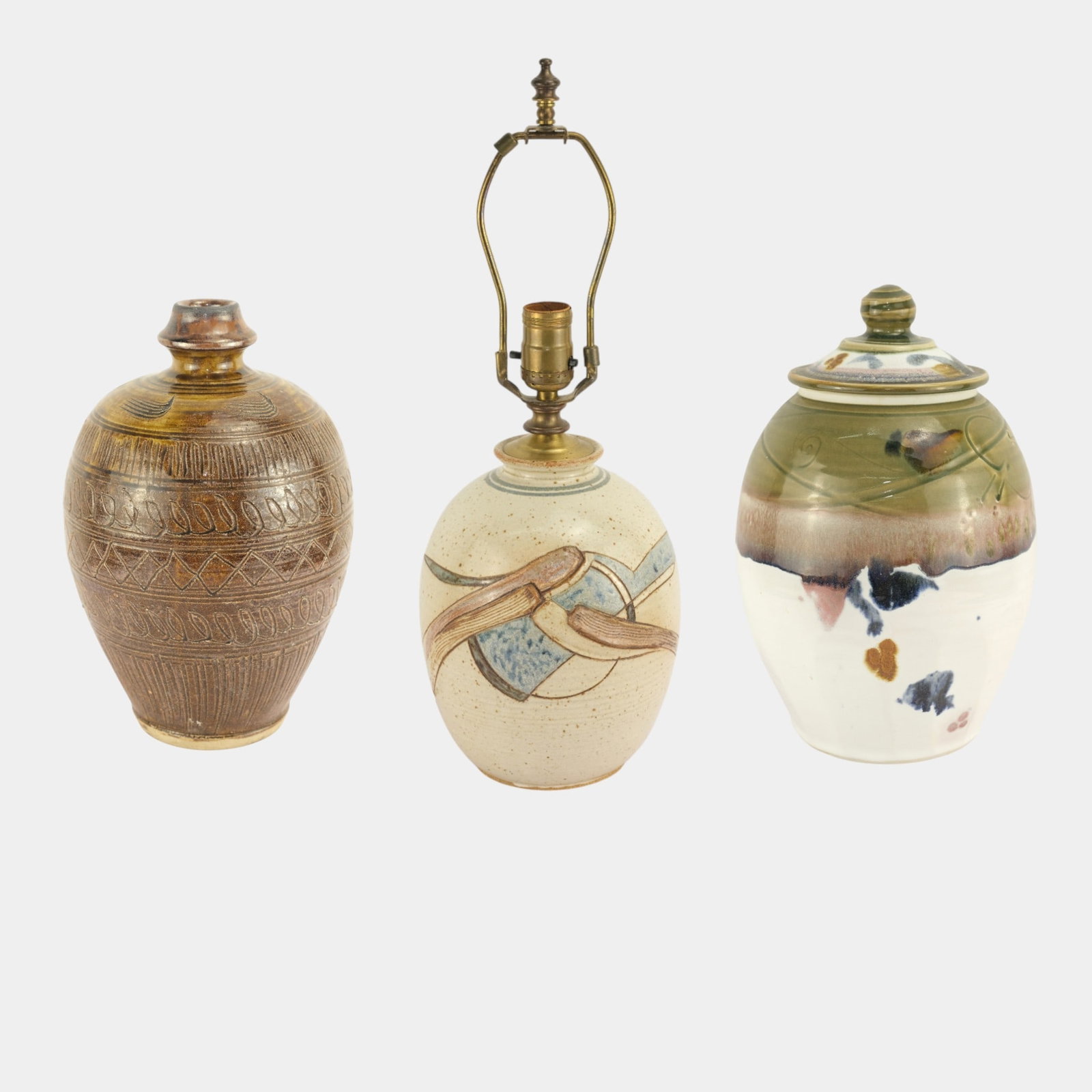 Shibui Ware Carved Bottle, Crumb Studio Large Lidded Vase, Fox Farm Pottery Lamp (1 of 9)