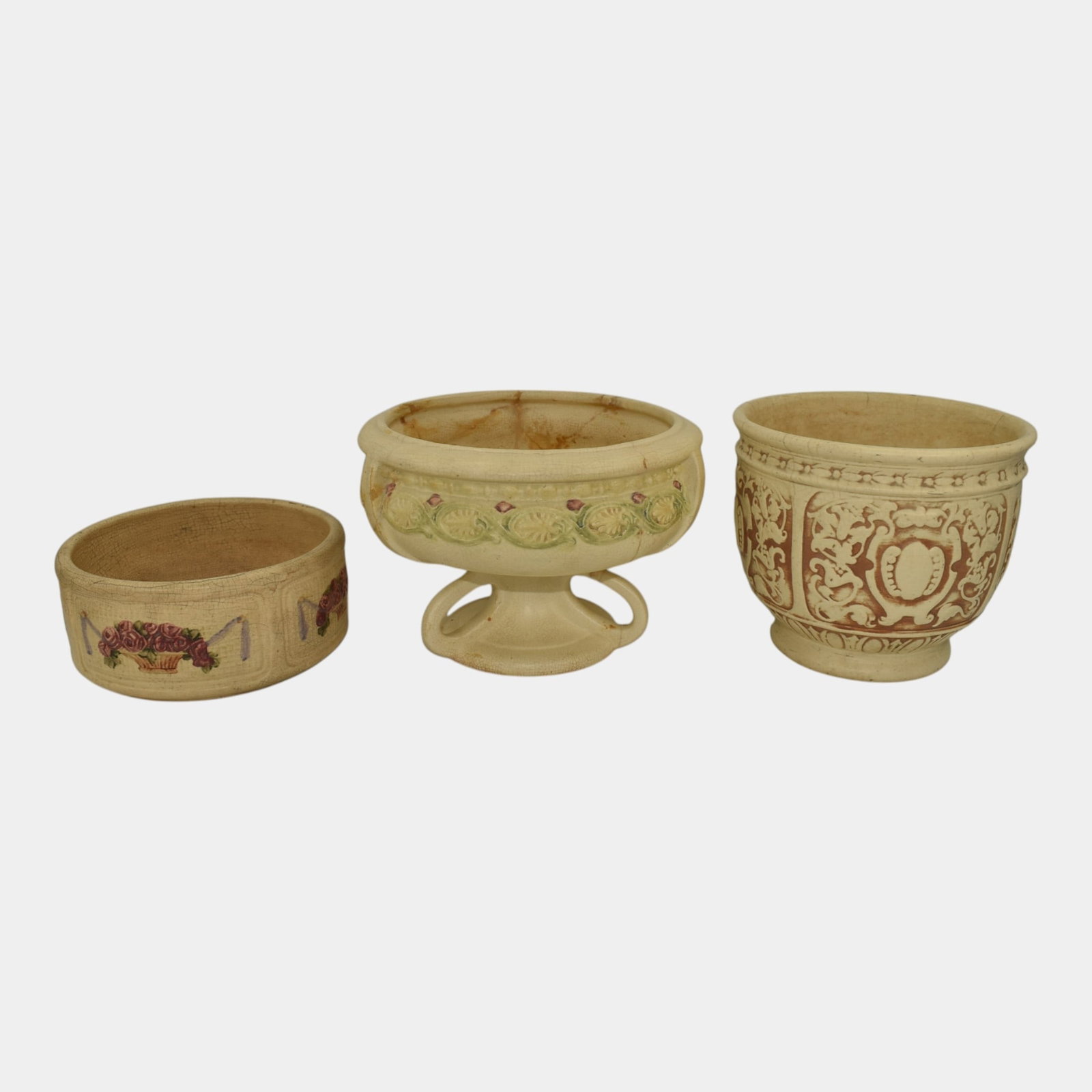 Weller Art Pottery 1920s Ivory Roma Floral Decorated Creamware Jardinieres & Weller Clinton Ivory (1 of 6)