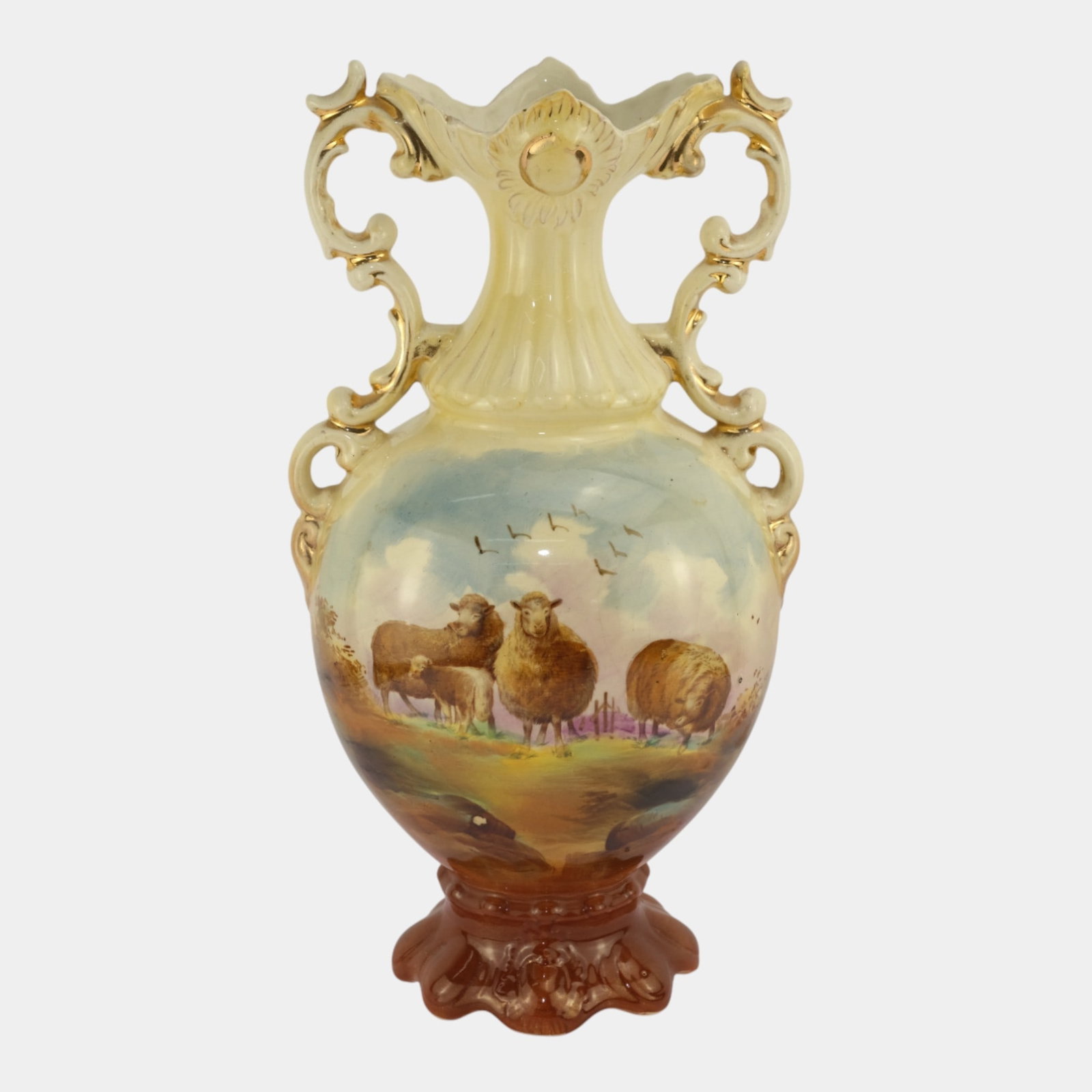 19th Century European Art Pottery Hand Painted Scenic Sheep Handled Vase: We offer affordable in-house shipping on all items.For higher resolution images please visit bid.craftedauctions.com 19th Century European Art Pottery Hand Painted Scenic Sheep Handled Vase Excellent 