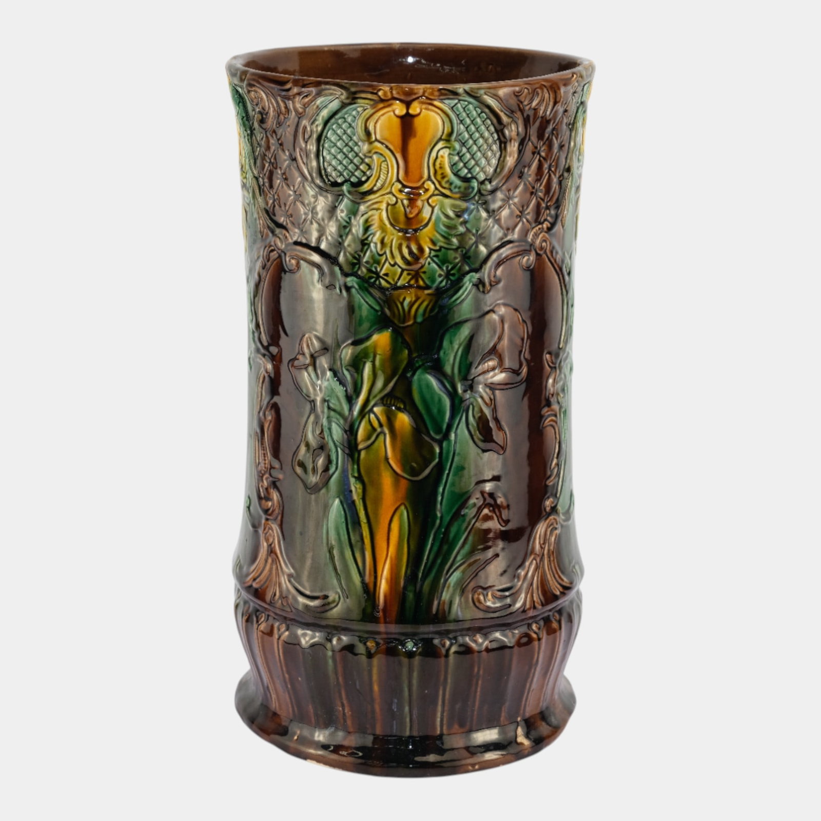 Roseville Art Pottery Brown Green Orange Majolica Iris Umbrella Stand (1 of 8)