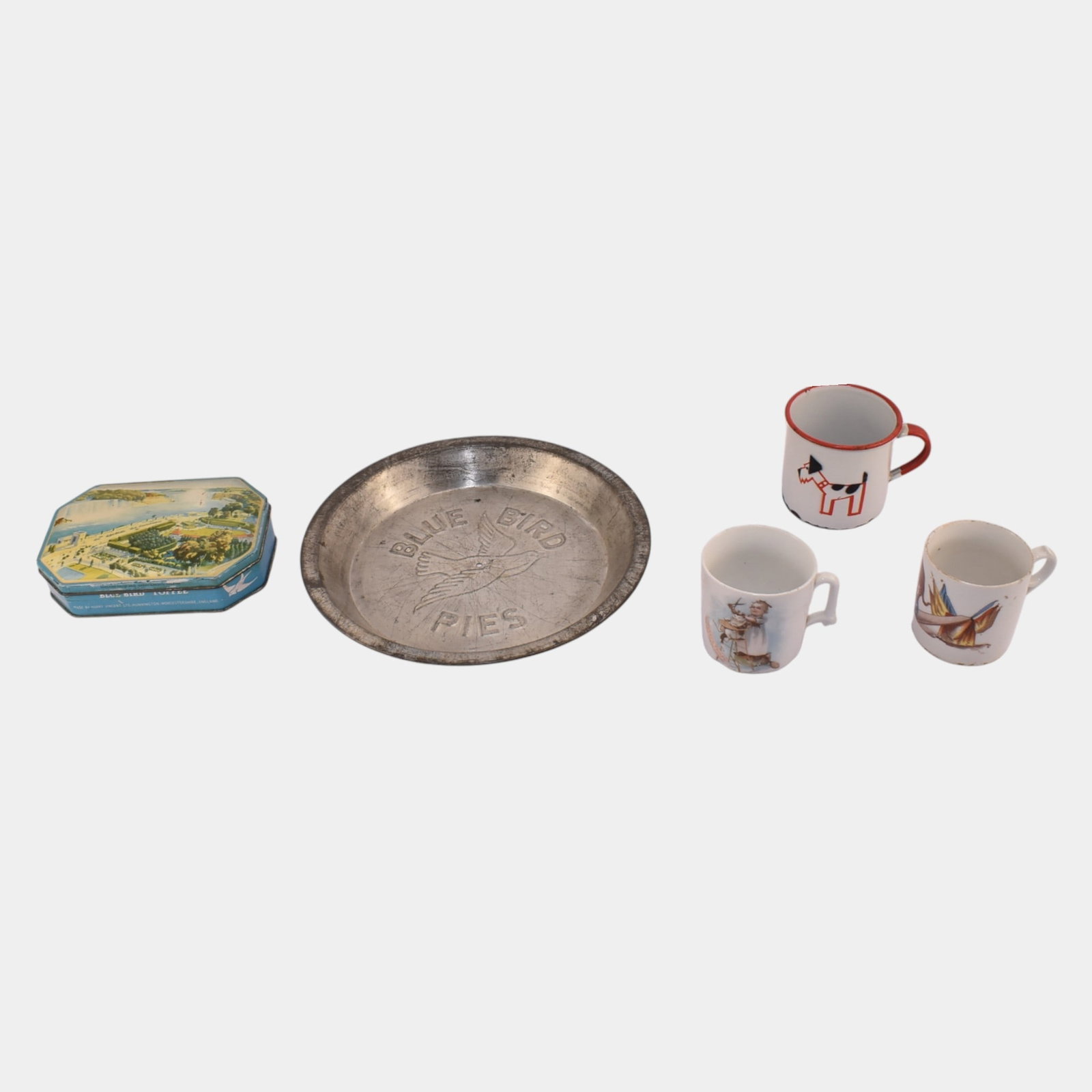Blue Bird Tin And Pie Plate With Porcelain And Enamelware Cups (1 of 3)
