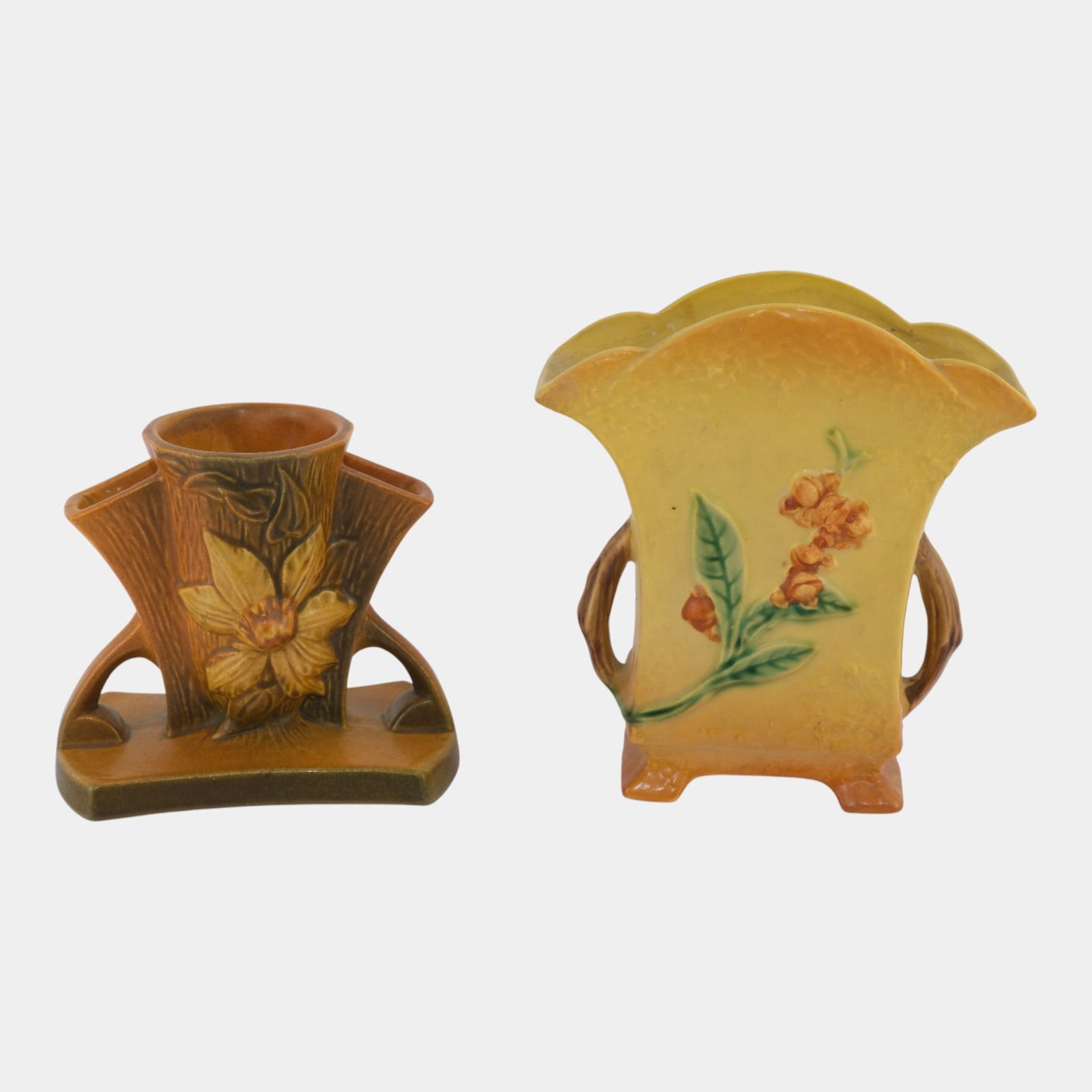 Roseville Bittersweet Clematis Vintage Art Pottery Ceramic Vases: We offer affordable in-house shipping on all items.For higher resolution images please visit bid.craftedauctions.com Roseville Bittersweet Clematis Vintage Art Pottery Ceramic Vases Bittersweet has mi