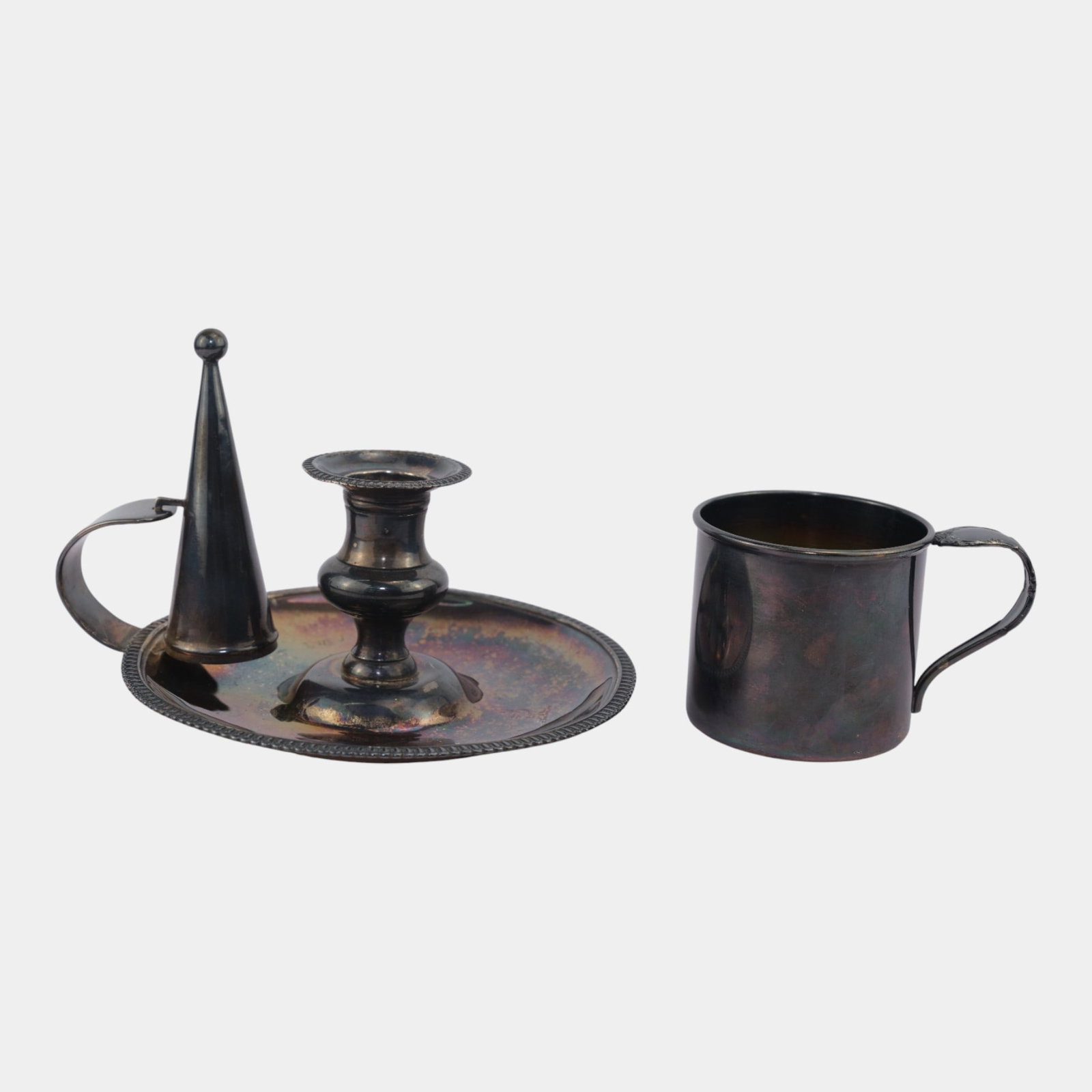 Patinated Silver Plated Metal Chamber Stick With Snuffer And Small Handled Cup (1 of 8)